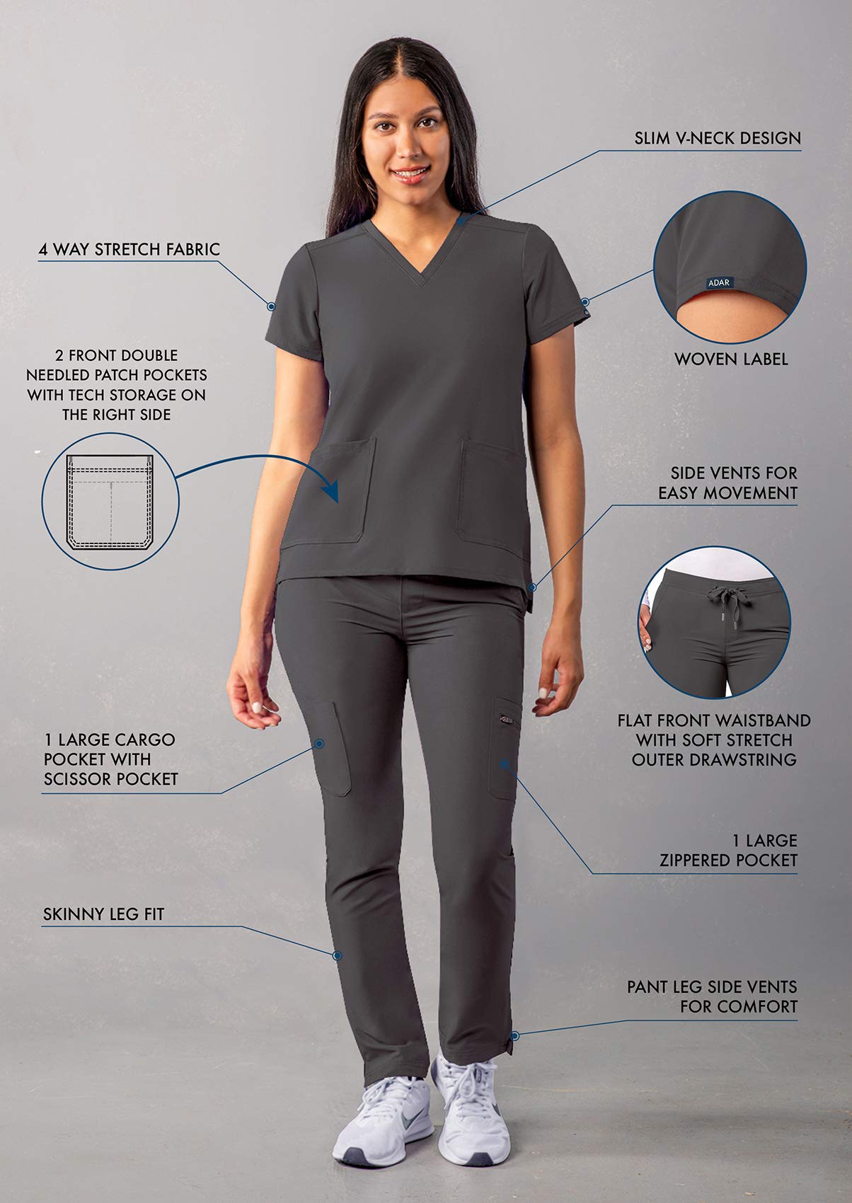 Ensemble de gommage Adar Addition Go-Basic pour femme - Haut de gommage slim à col en V et pantalon de gommage cargo skinny