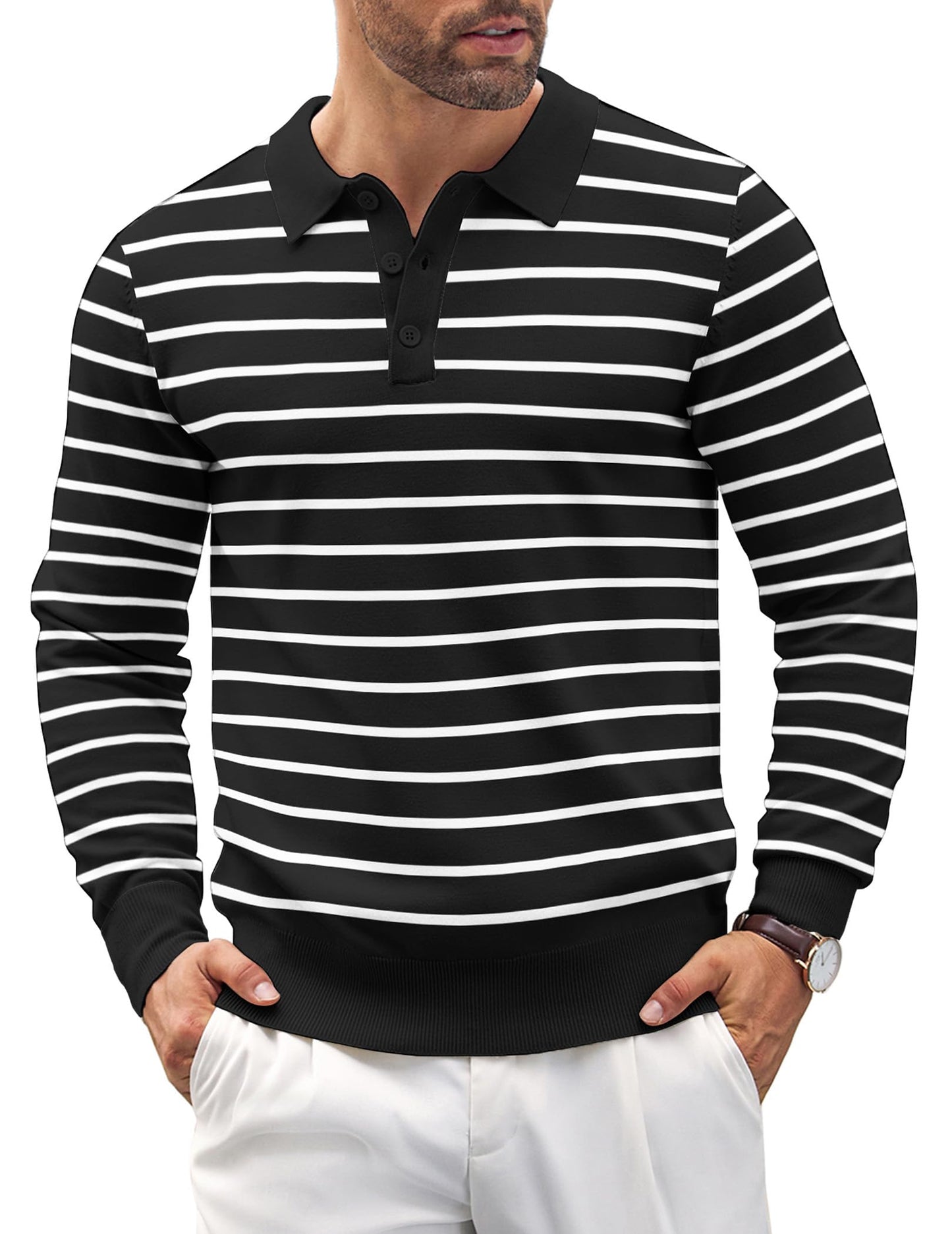 COOFANDY Mens Knit Polo Shirts Casual Long Sleeve Classic Polo Shirts Button Down Golf Shirts