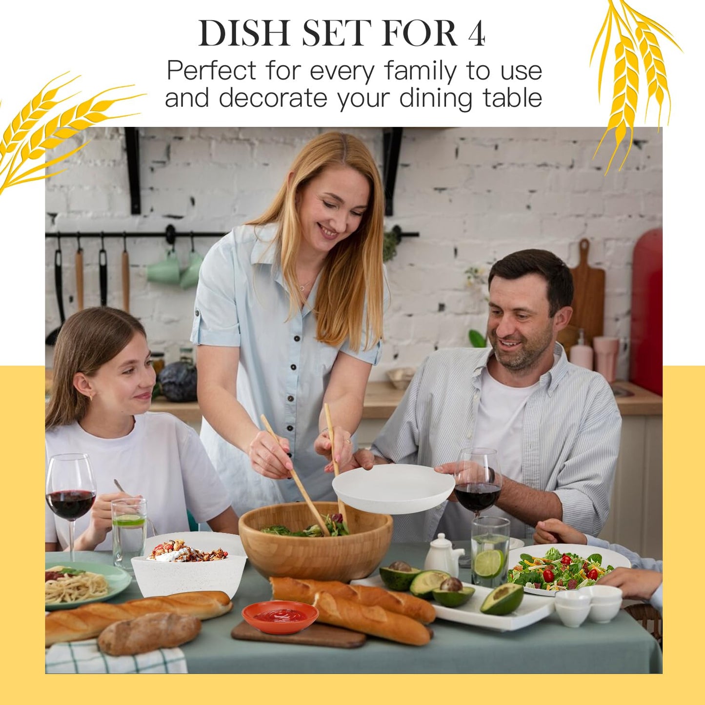 28 Piece Wheat Straw Dinnerware Sets,Dishwasher & Microwave Safe Plates and Bowls Sets - Unbreakable Plastic Dinnerware Sets for 4 Dinner Plates, Cups, Cereal Bowls - Colorful Series