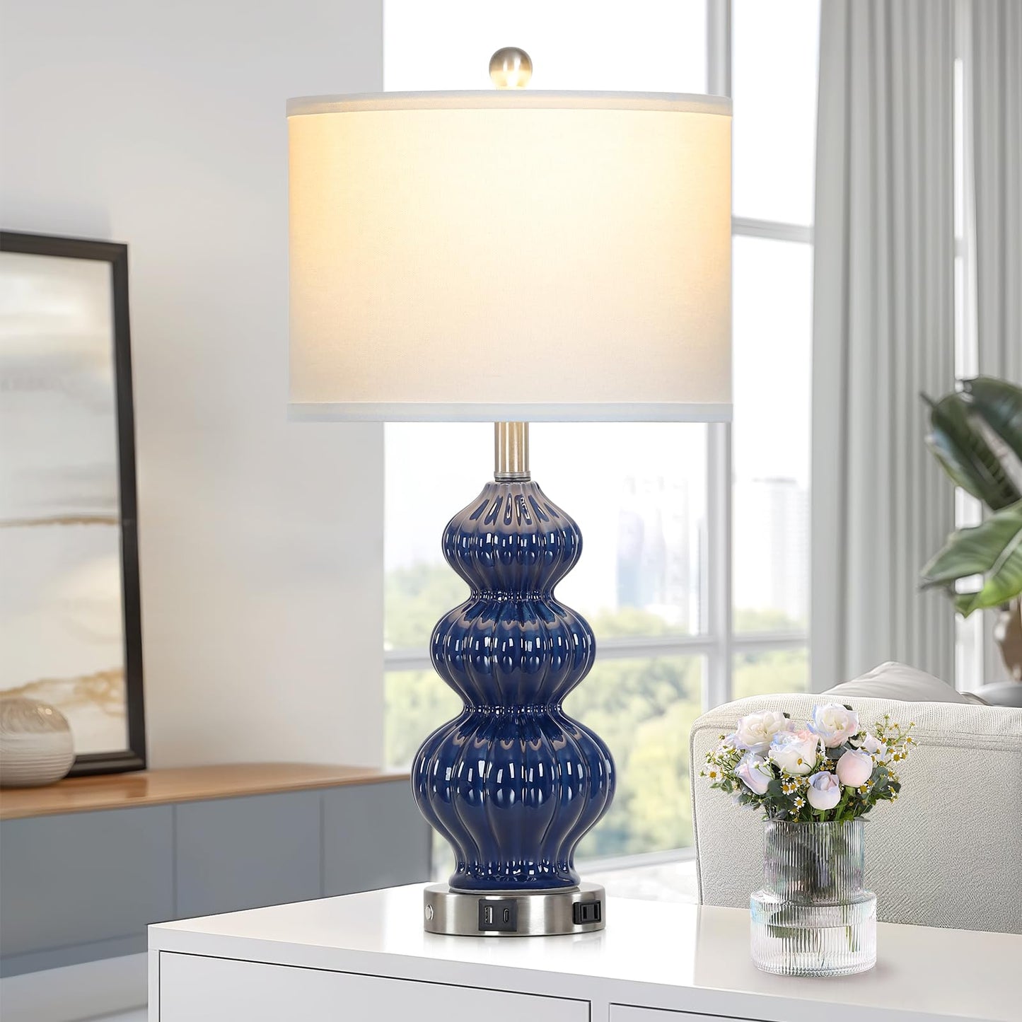 27-Zoll-Tischlampen aus Glas, 2er-Set mit Nachtlicht, moderne Nachttischlampen mit 3-Wege-Touch-Steuerung, USB-A+C-Anschlüssen und AC-Steckdose, gelbe Nachttischlampen im Boho-Stil für das Wohnzimmer im Schlafzimmer