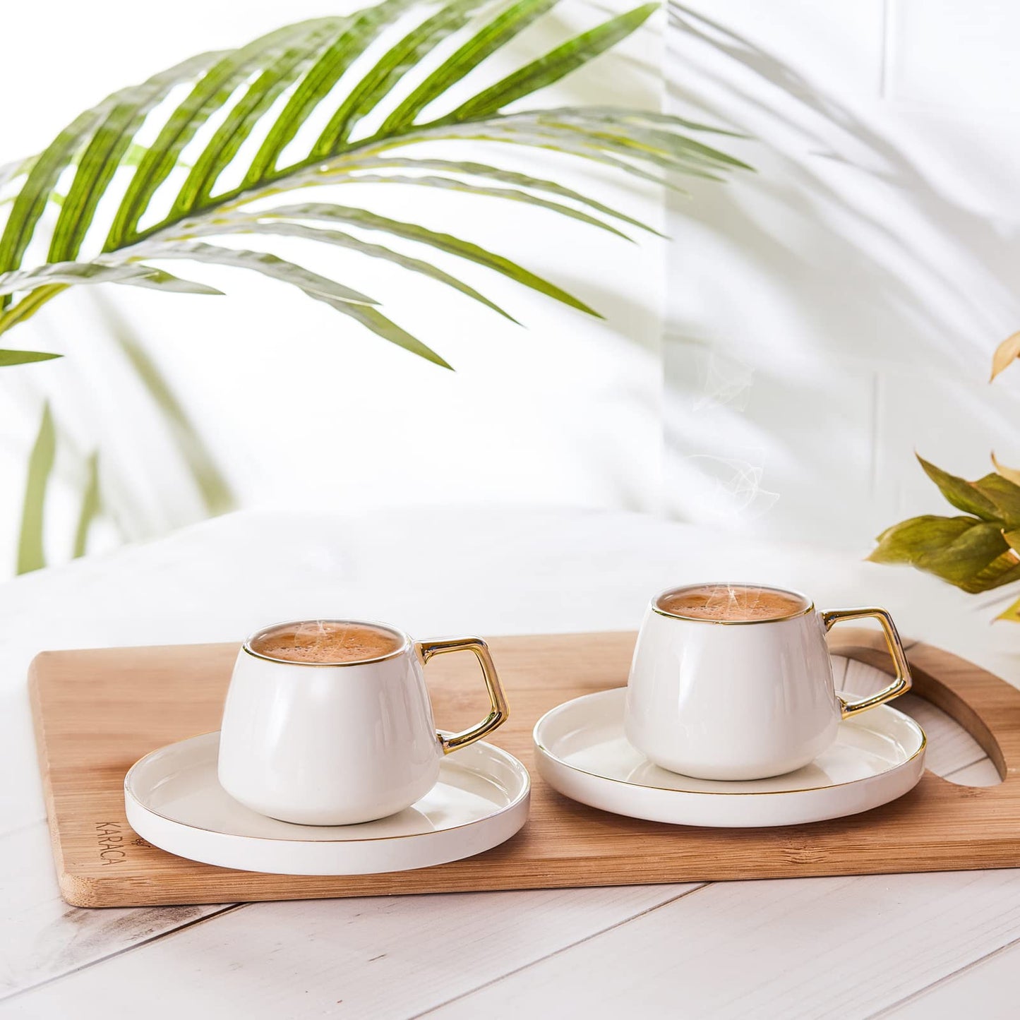 KARACA Globe Turkish Coffee Cup Set of 6, 80ml, 2.7 oz, Small Espresso Cups with Saucers, Porcelain, Black Patterns and Gold Handles, Ideal for Serving Coffee, Espresso, and Cappuccino