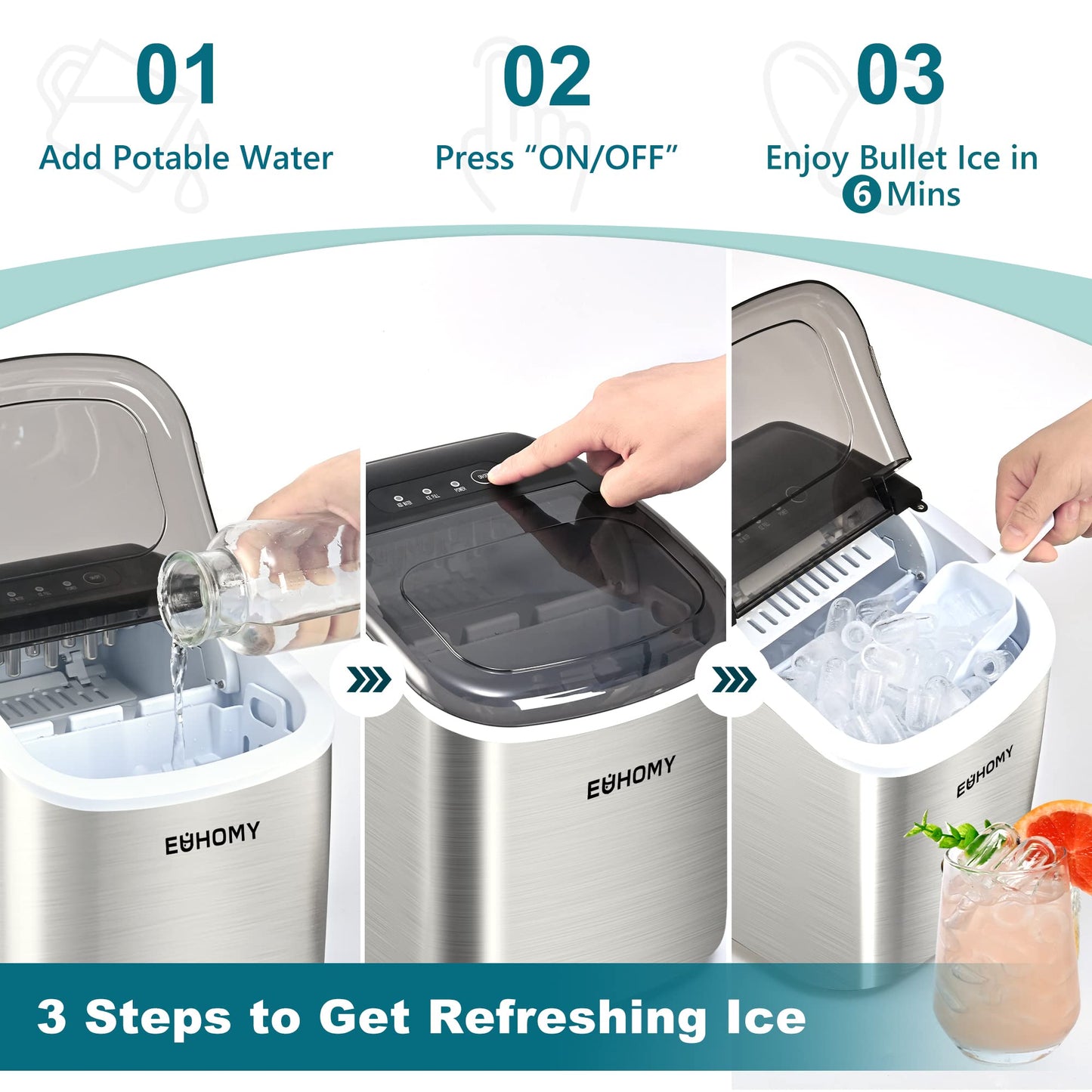 EUHOMY Countertop Ice Maker Machine with Handle, 26lbs in 24Hrs, 9 Ice Cubes Ready in 6 Mins, Auto-Cleaning Portable Ice Maker with Basket and Scoop, for Home/Kitchen/Camping/RV. (Black)