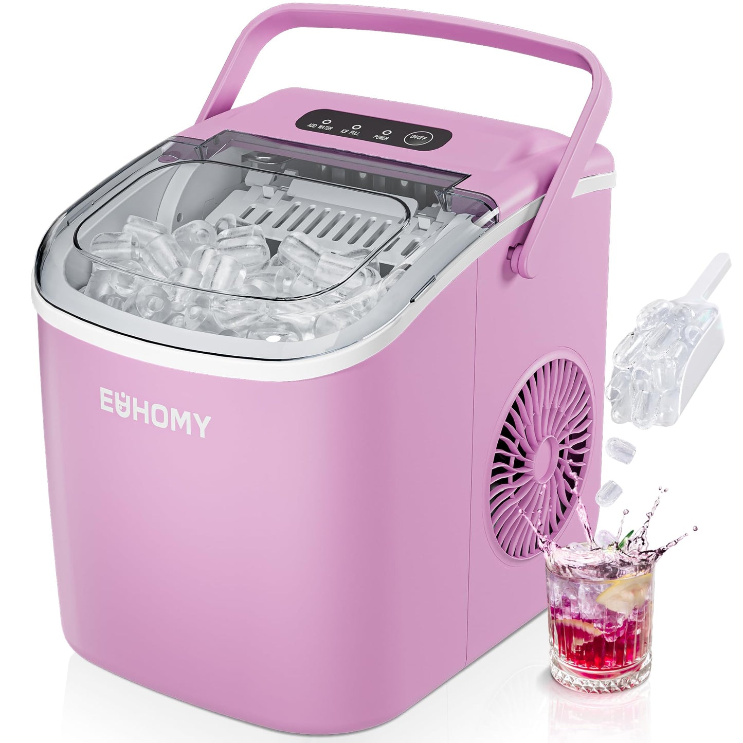 EUHOMY Countertop Ice Maker Machine with Handle, 26lbs in 24Hrs, 9 Ice Cubes Ready in 6 Mins, Auto-Cleaning Portable Ice Maker with Basket and Scoop, for Home/Kitchen/Camping/RV. (Black)