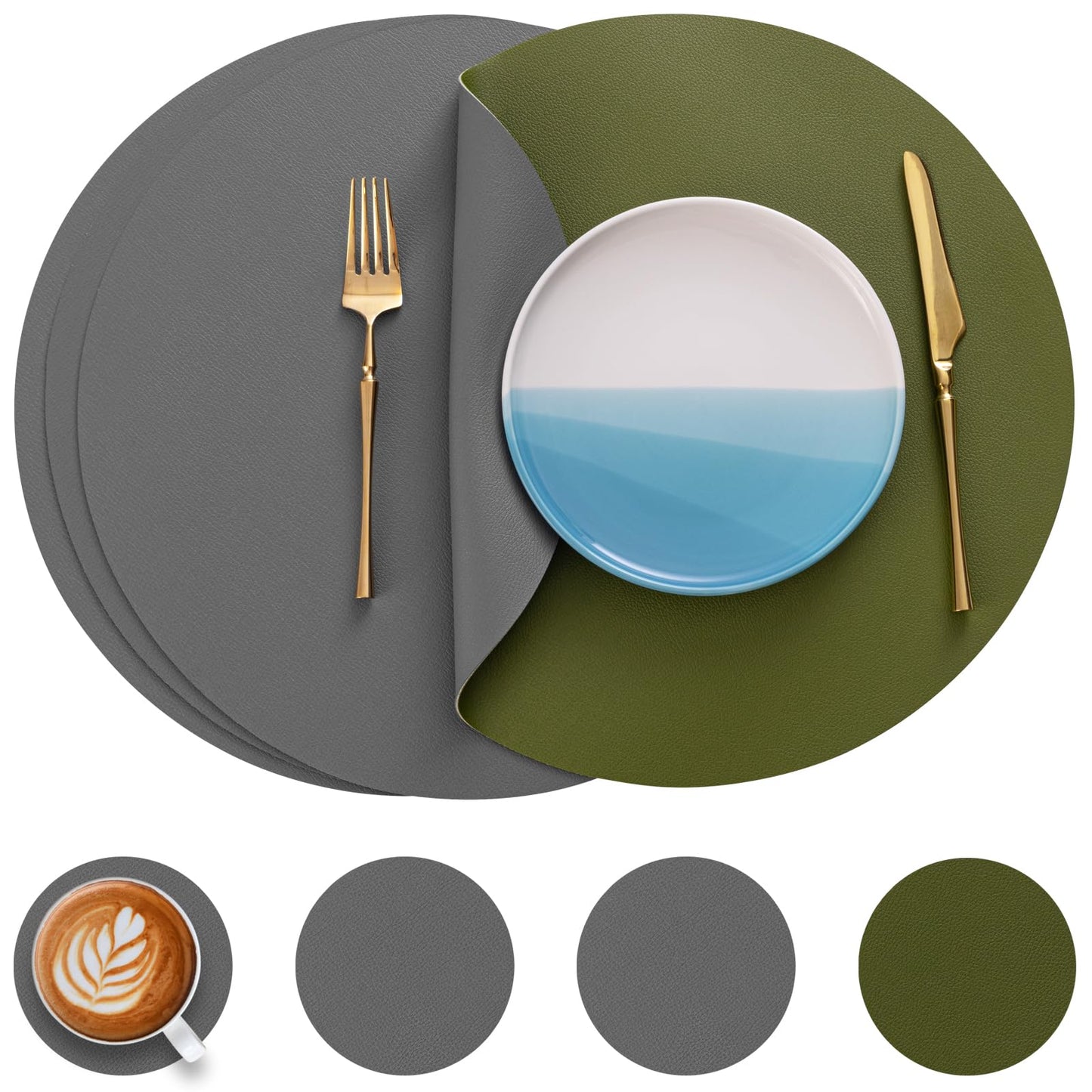 Myir JUN Round Table Placemats Set of 4 Faux Leather Place Mats and Coasters 15 inch Round Placemats Dual Sided Placemats Non-Slip Placemats Stain Resistant Placemats (Gray & Yellow, Set of 4)