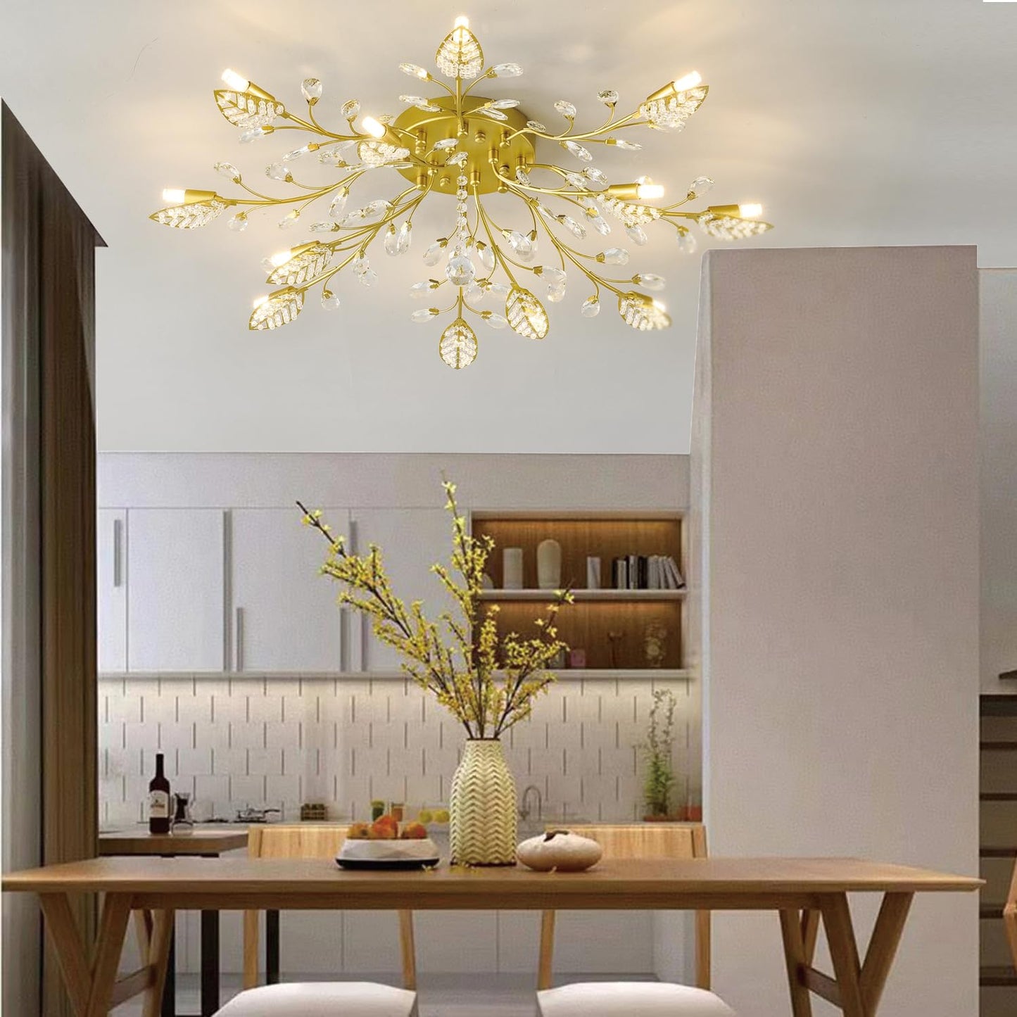 Moderne Deckenleuchte aus Kristall, halbbündiger Kronleuchter, Deckenleuchte aus Kristallblättern, Kronleuchter für Esszimmer, Wohnzimmer, Schlafzimmer (Gold, 12 Lichter)