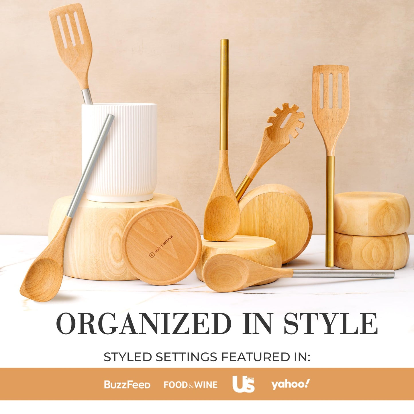 Ensemble d'ustensiles de cuisine en bois – Ensemble de 8 pièces comprenant des ustensiles de cuisine en bois et en or, un porte-ustensiles blanc et un repose-cuillère en bois – Ustensiles de cuisine durables et élégants pour cuisiner et servir