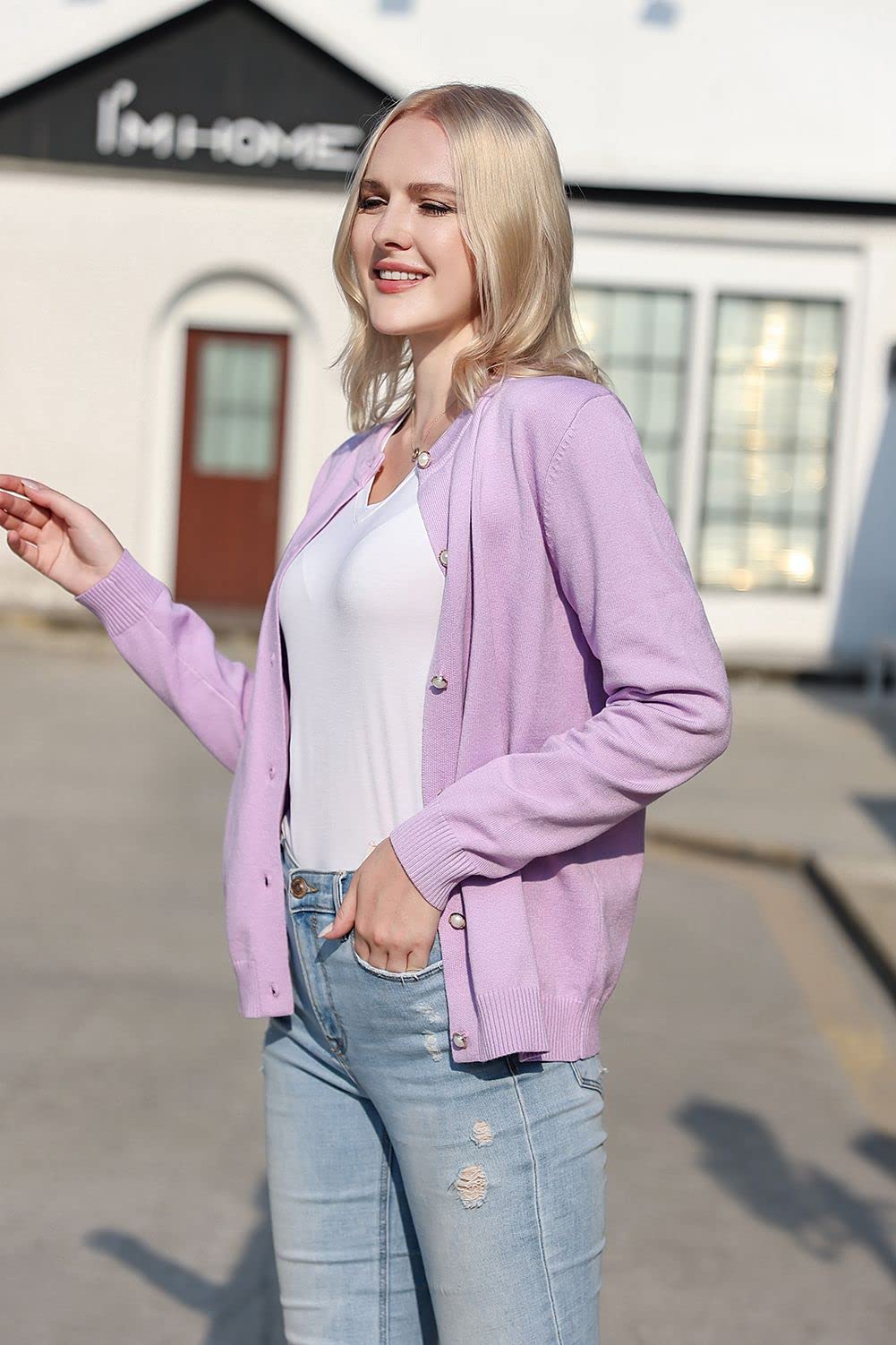 SMILING PINKER Women Cardigan Sweater Crewneck Pearl Button Knitted Tops Medium Weight