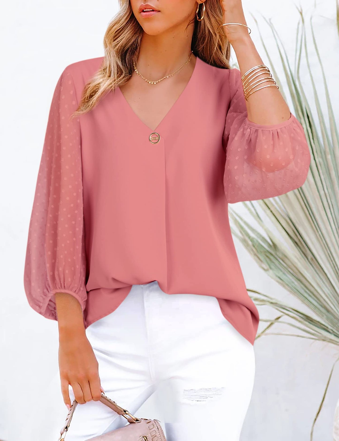 Bebonnie Damen Chiffonbluse mit Laternenmuster, 3/4-Ärmel, lässig, locker, V-Ausschnitt