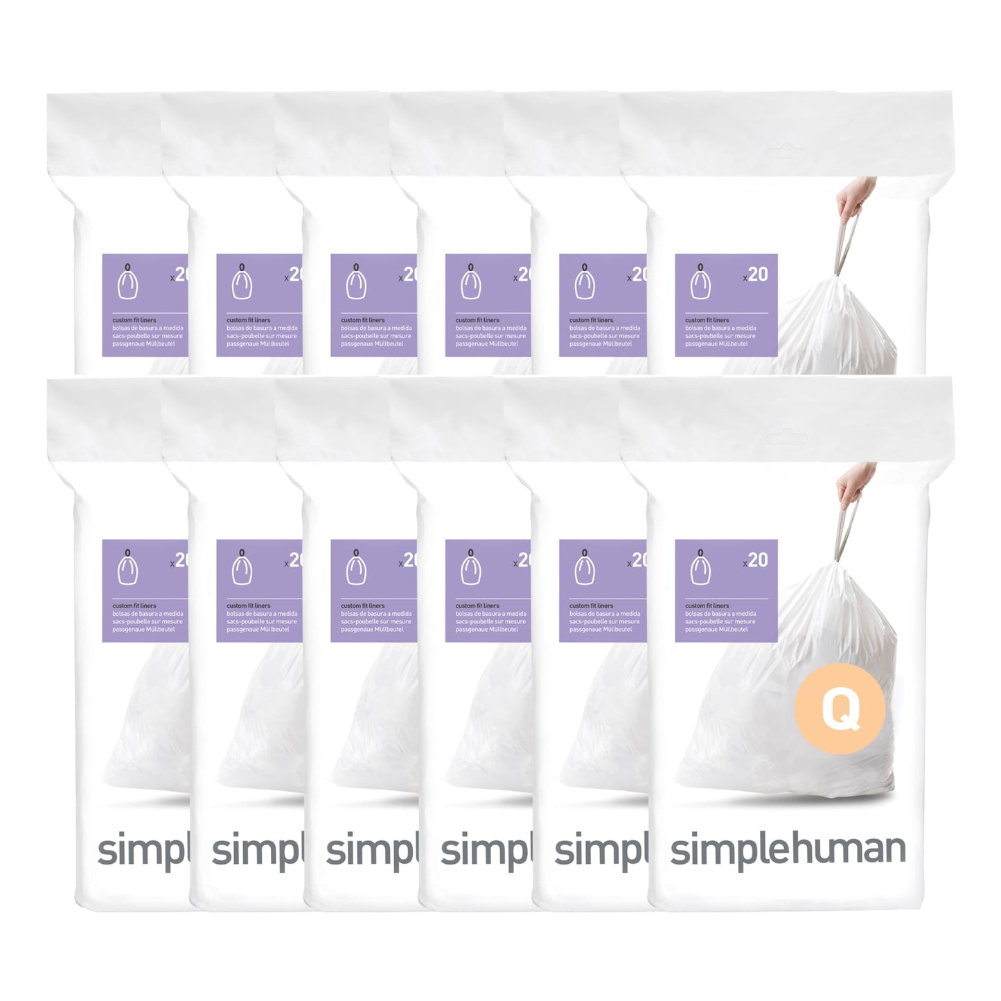 simplehuman Code H 60 Count, Genuine Custom Fit Liners, Drawstring Trash Bags in Dispenser Packs, 30-35 Liter / 8-9.2 Gallon, White