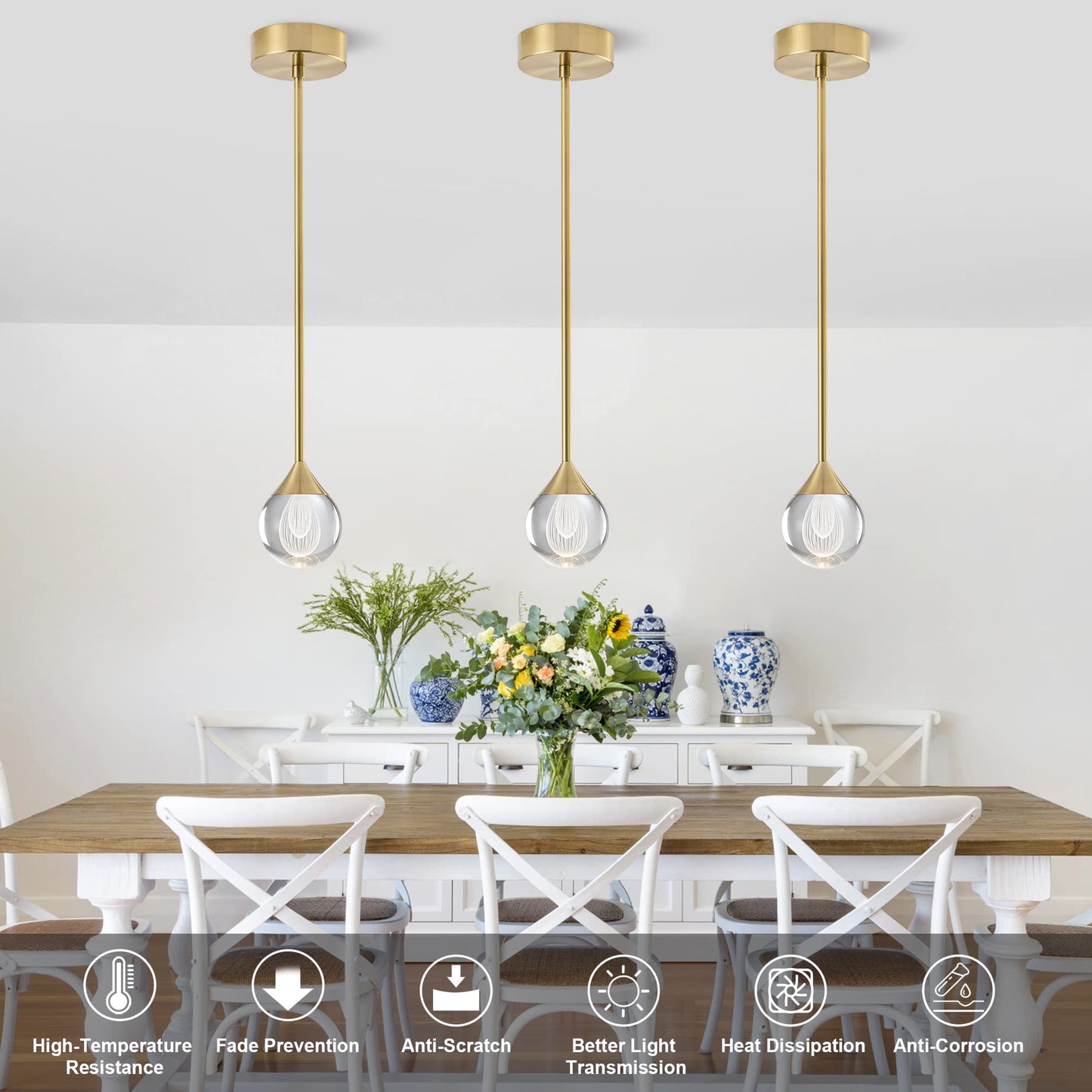3-flammige Kristall-Pendelleuchte in Tropfenform, dimmbare LED-Hängeleuchte in Kristallkugelform, moderne Deckenpendelbeleuchtung für Kücheninsel, Esszimmer, Schlafzimmer, Bar, 3000 K, 24 W, gebürstetes Messing