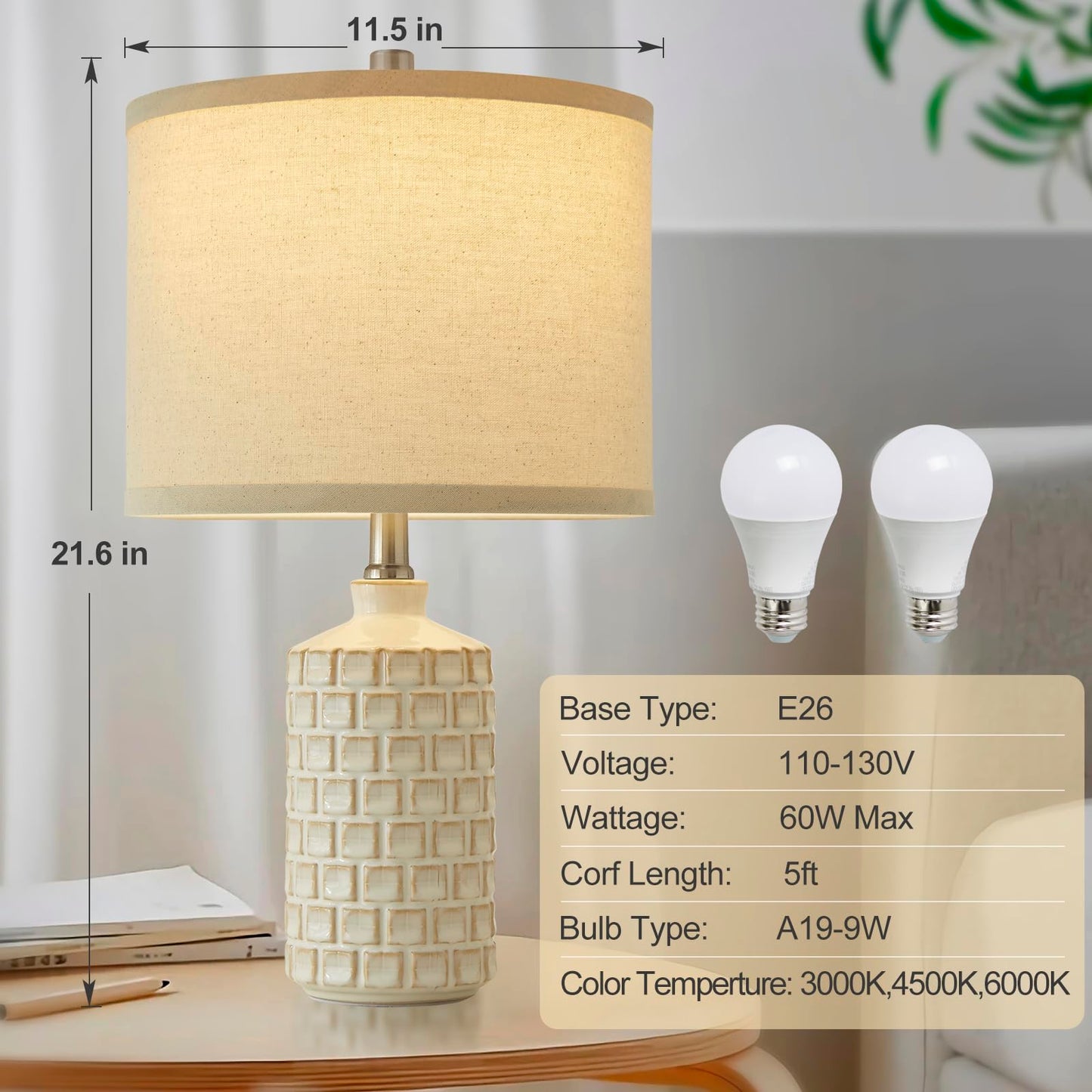 Luvkczc Moderne Keramiklampen für Schlafzimmer, 2er-Set, 3-Farbtemperatur-Tischlampe, Nachttischlampe, Schreibtisch-Leselampe mit Stoffschirm in Trommelform für Schlafzimmer, Wohnzimmer, 2 Glühbirnen enthalten (21,4 Zoll)