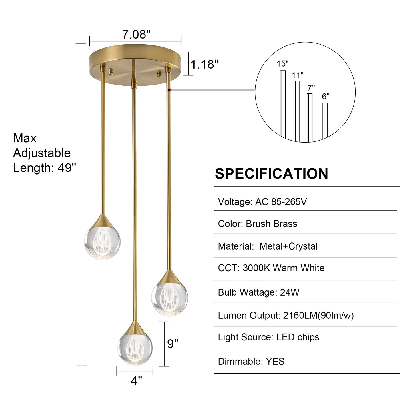 3-flammige Kristall-Pendelleuchte in Tropfenform, dimmbare LED-Hängeleuchte in Kristallkugelform, moderne Deckenpendelbeleuchtung für Kücheninsel, Esszimmer, Schlafzimmer, Bar, 3000 K, 24 W, gebürstetes Messing