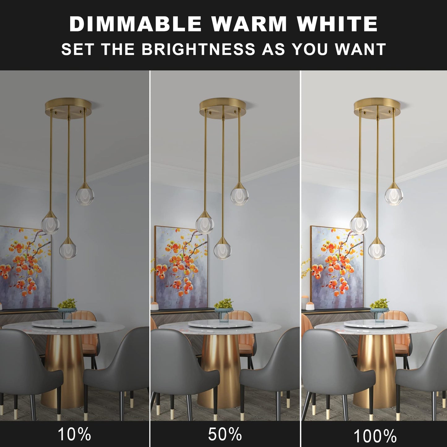 3-flammige Kristall-Pendelleuchte in Tropfenform, dimmbare LED-Hängeleuchte in Kristallkugelform, moderne Deckenpendelbeleuchtung für Kücheninsel, Esszimmer, Schlafzimmer, Bar, 3000 K, 24 W, gebürstetes Messing