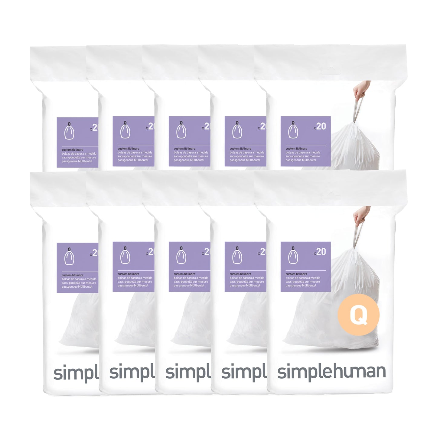 simplehuman Code H 60 Count, Genuine Custom Fit Liners, Drawstring Trash Bags in Dispenser Packs, 30-35 Liter / 8-9.2 Gallon, White