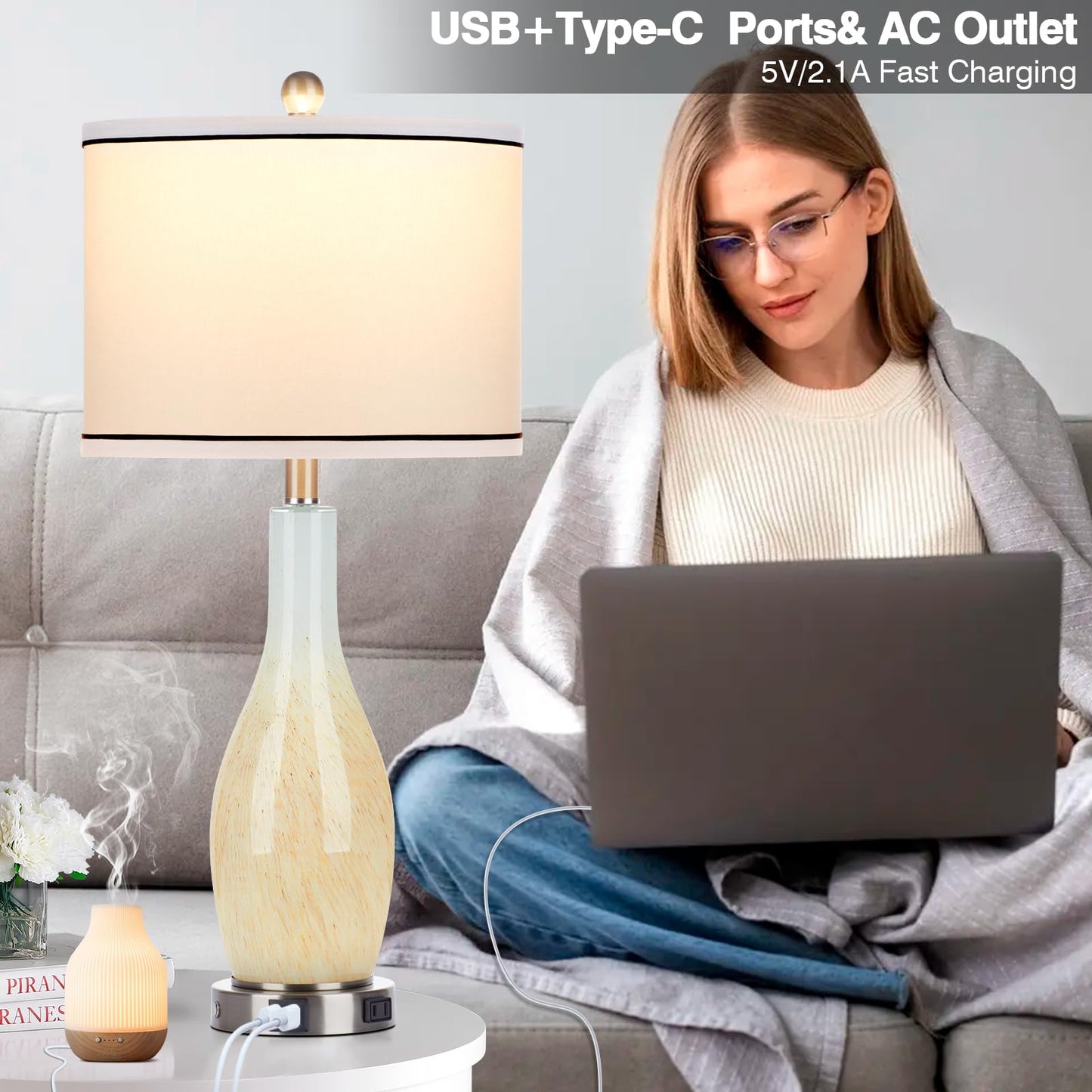 27-Zoll-Tischlampen aus Glas, 2er-Set mit Nachtlicht, moderne Nachttischlampen mit 3-Wege-Touch-Steuerung, USB-A+C-Anschlüssen und AC-Steckdose, gelbe Nachttischlampen im Boho-Stil für das Wohnzimmer im Schlafzimmer