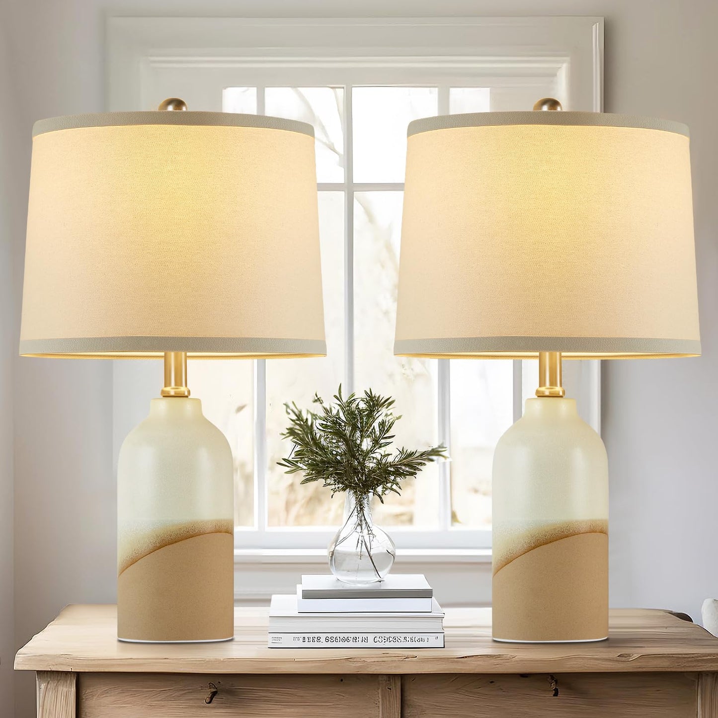 Luvkczc Moderne Keramiklampen für Schlafzimmer, 2er-Set, 3-Farbtemperatur-Tischlampe, Nachttischlampe, Schreibtisch-Leselampe mit Stoffschirm in Trommelform für Schlafzimmer, Wohnzimmer, 2 Glühbirnen enthalten (21,4 Zoll)