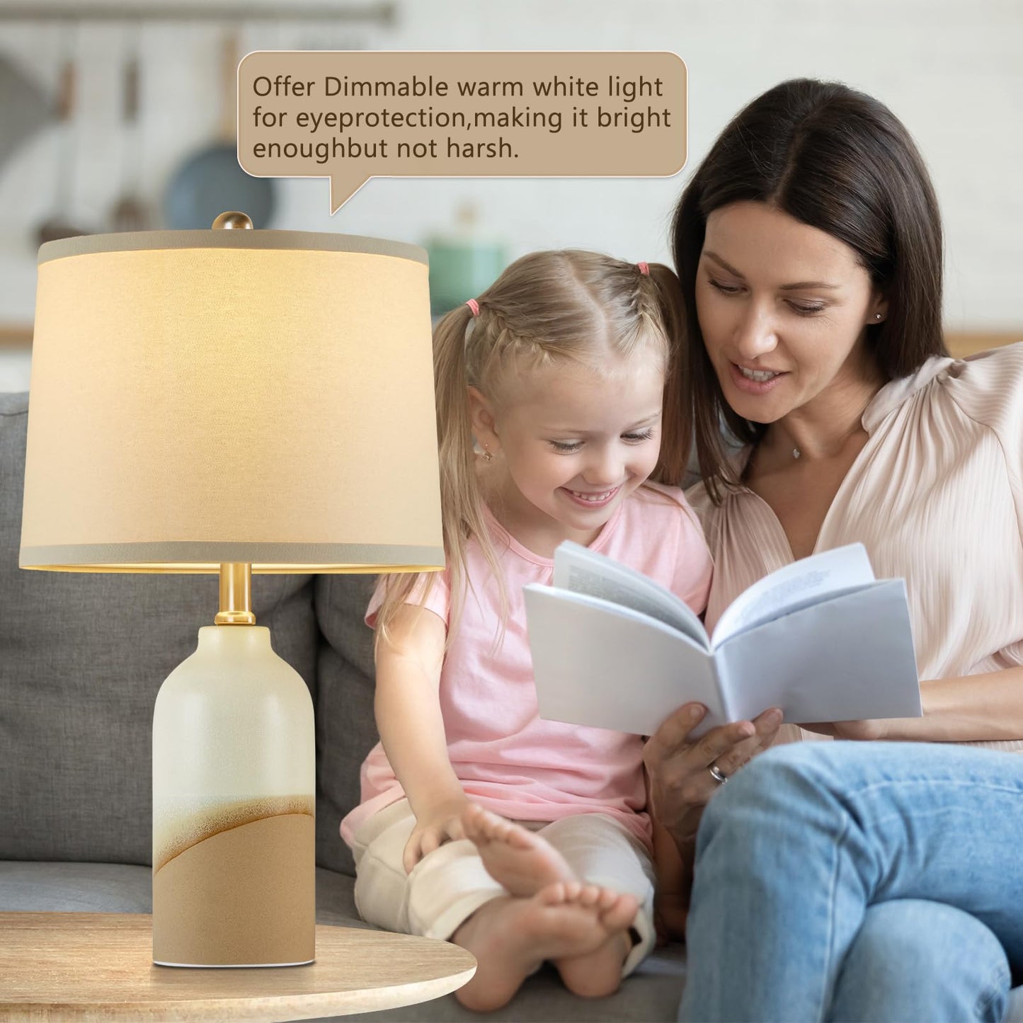 Luvkczc Moderne Keramiklampen für Schlafzimmer, 2er-Set, 3-Farbtemperatur-Tischlampe, Nachttischlampe, Schreibtisch-Leselampe mit Stoffschirm in Trommelform für Schlafzimmer, Wohnzimmer, 2 Glühbirnen enthalten (21,4 Zoll)