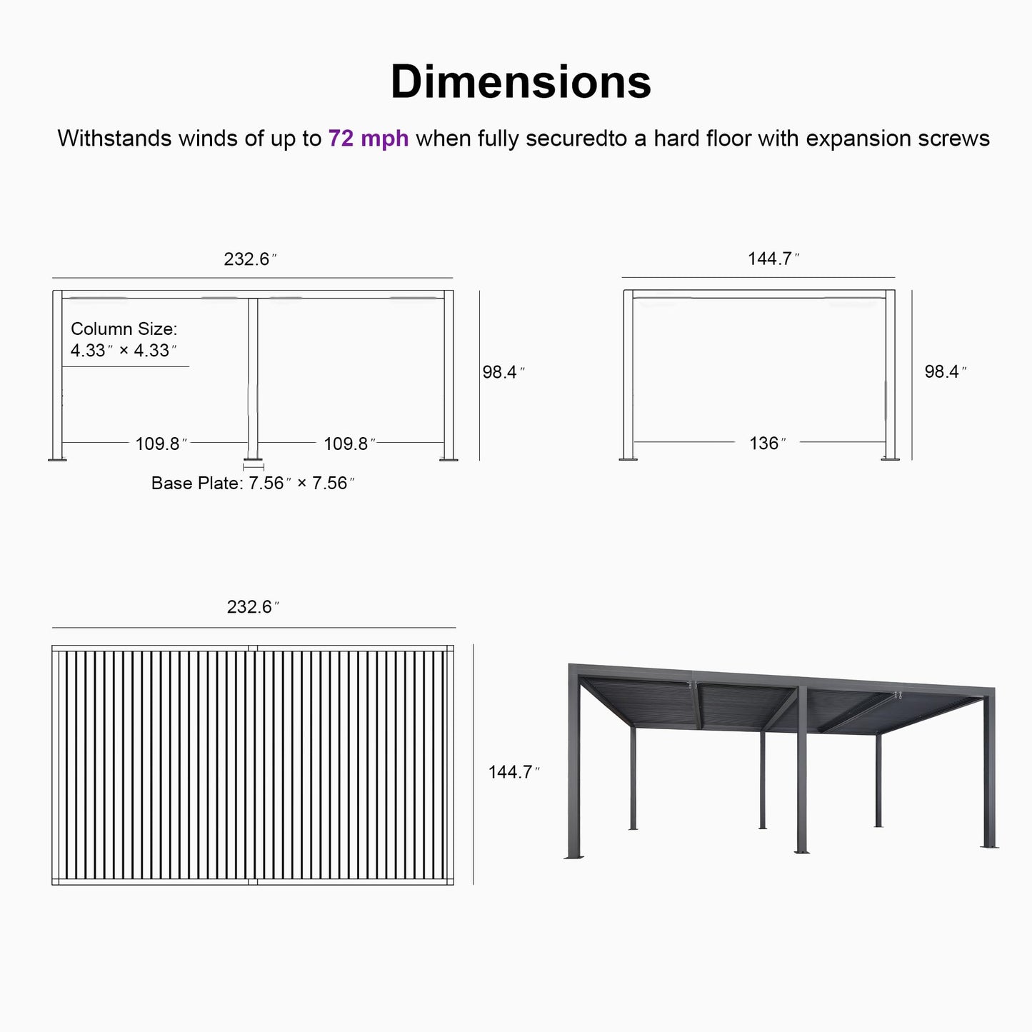 PURPLE LEAF Lamellenpergola 94AS, 3,3 x 4,3 m, Aluminium-Pergola für den Außenbereich mit Sonnenschutz, verstellbarem Dach für Terrasse, Hinterhof, grauer Pavillon mit festem Dach, 1 lange Seite und 2 kurze Seiten