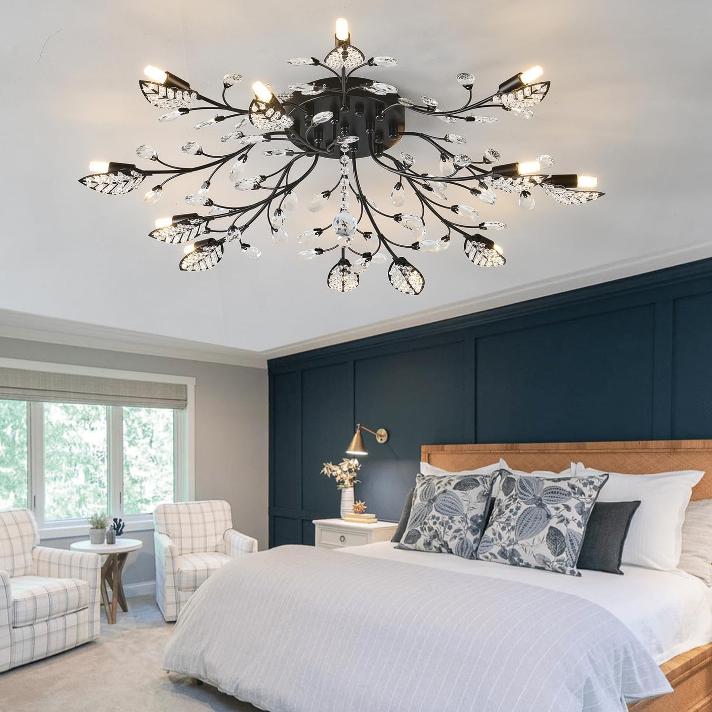 Moderne Deckenleuchte aus Kristall, halbbündiger Kronleuchter, Deckenleuchte aus Kristallblättern, Kronleuchter für Esszimmer, Wohnzimmer, Schlafzimmer (Gold, 12 Lichter)