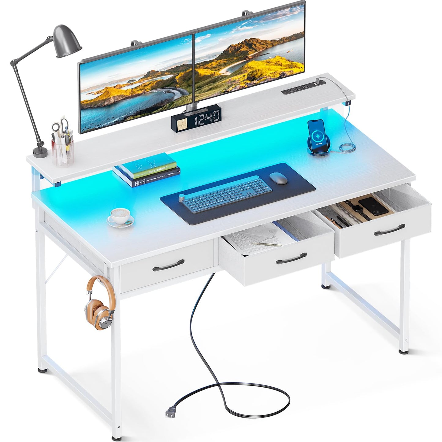 ODK 54-Zoll-Computertisch mit 3 Schubladen und USB-Steckdosen, Home-Office-Schreibtische mit LED-Leuchten und verstellbarem Monitorständer, Arbeiten von zu Hause, moderner Arbeits-/Schreib-/Studiertisch für Schlafzimmer, Schwarz
