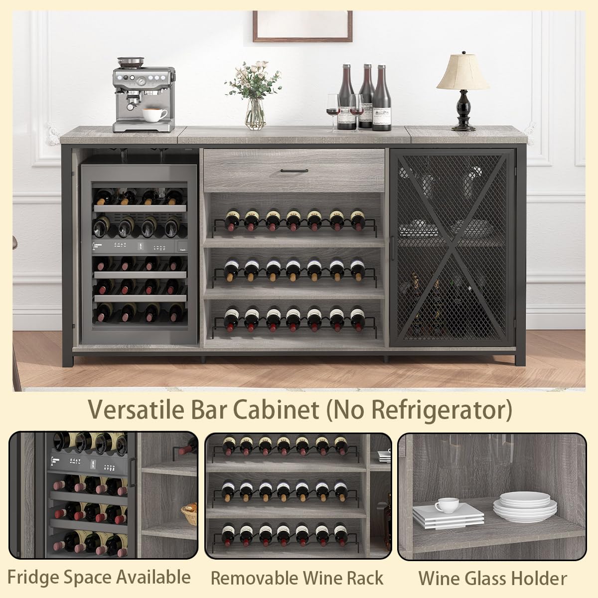 LVB Langer Barschrank mit Platz für den Kühlschrank, großer Spirituosenschrank im Landhausstil mit Schubladen, großer Weinschrank aus rustikalem Holz und Metall mit Regal, modernes Sideboard-Buffet für Küche und Esszimmer, grau, 70 Zoll