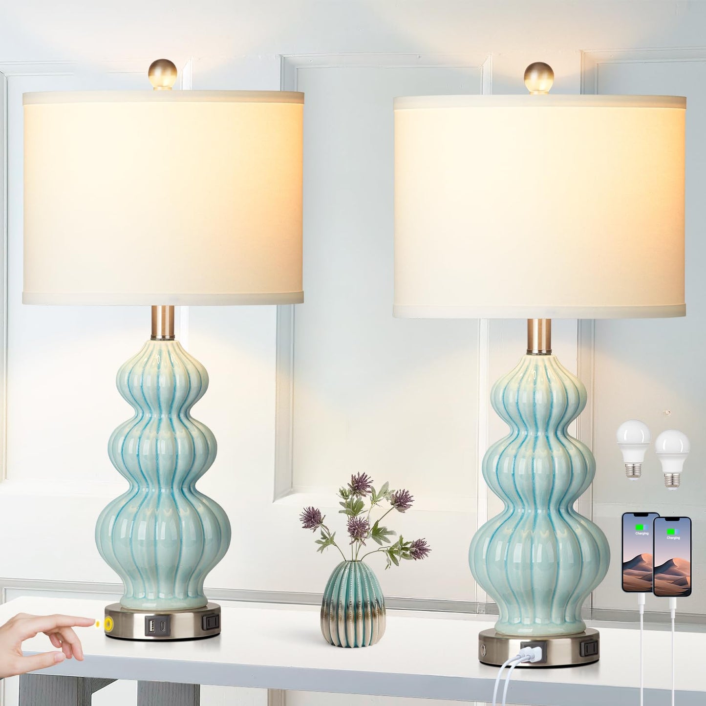 27-Zoll-Tischlampen aus Glas, 2er-Set mit Nachtlicht, moderne Nachttischlampen mit 3-Wege-Touch-Steuerung, USB-A+C-Anschlüssen und AC-Steckdose, gelbe Nachttischlampen im Boho-Stil für das Wohnzimmer im Schlafzimmer