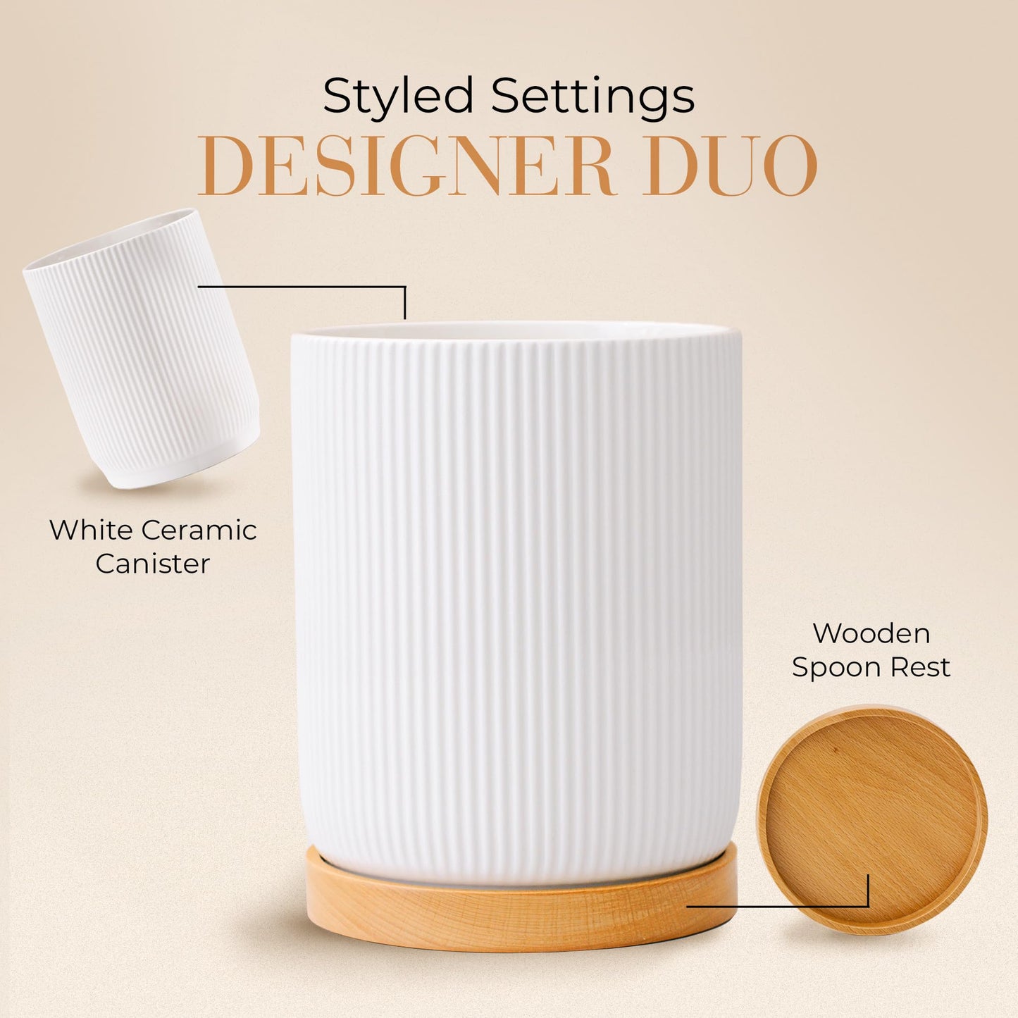 Ensemble d'ustensiles de cuisine en bois – Ensemble de 8 pièces comprenant des ustensiles de cuisine en bois et en or, un porte-ustensiles blanc et un repose-cuillère en bois – Ustensiles de cuisine durables et élégants pour cuisiner et servir