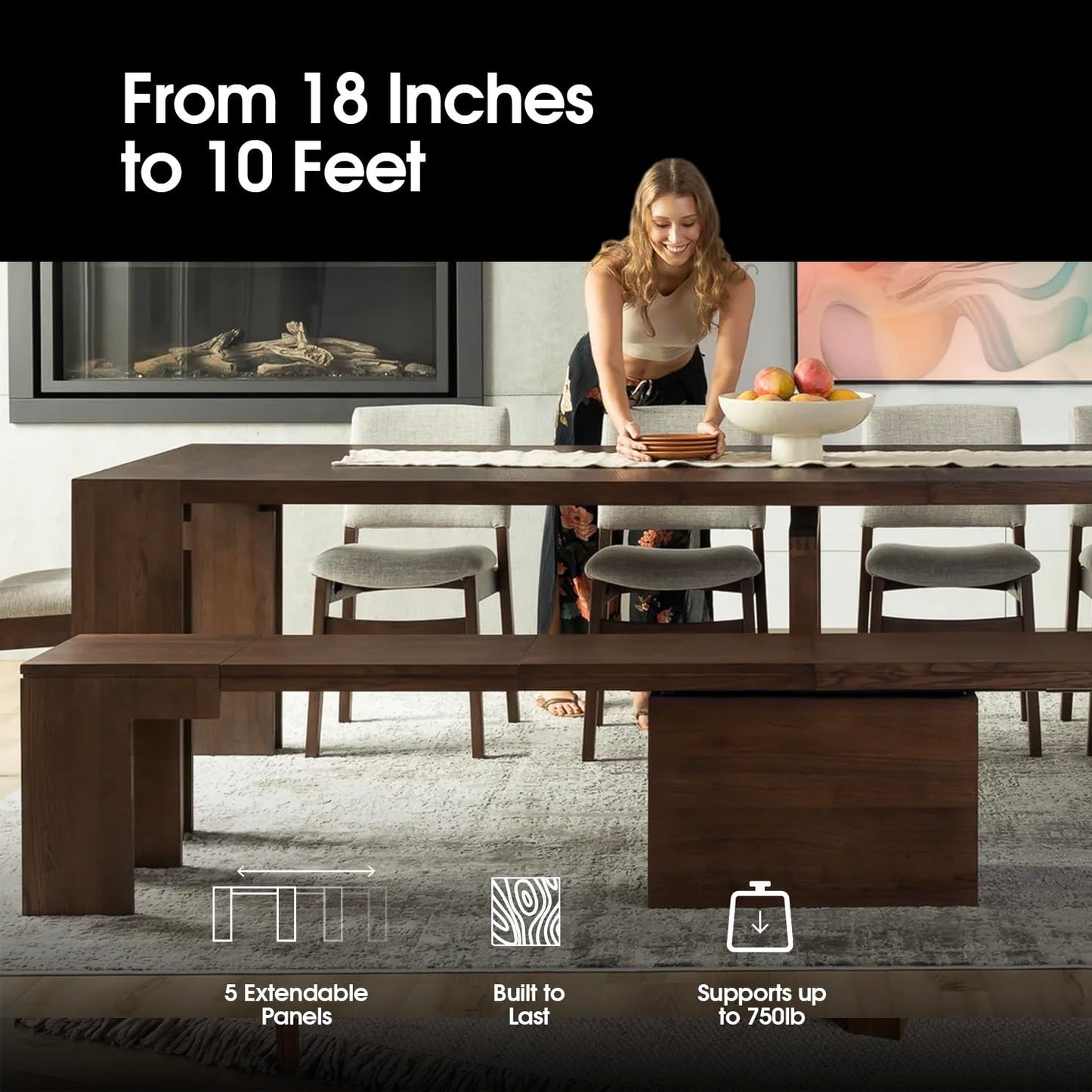Transformer Table Esstisch-Set für 4 bis 12, ausziehbarer Esstisch aus Holz mit ausziehbarer Bank, Möbel für kleine Räume, Küchentisch-Set (Dunkelgrau, Tisch + Bank)