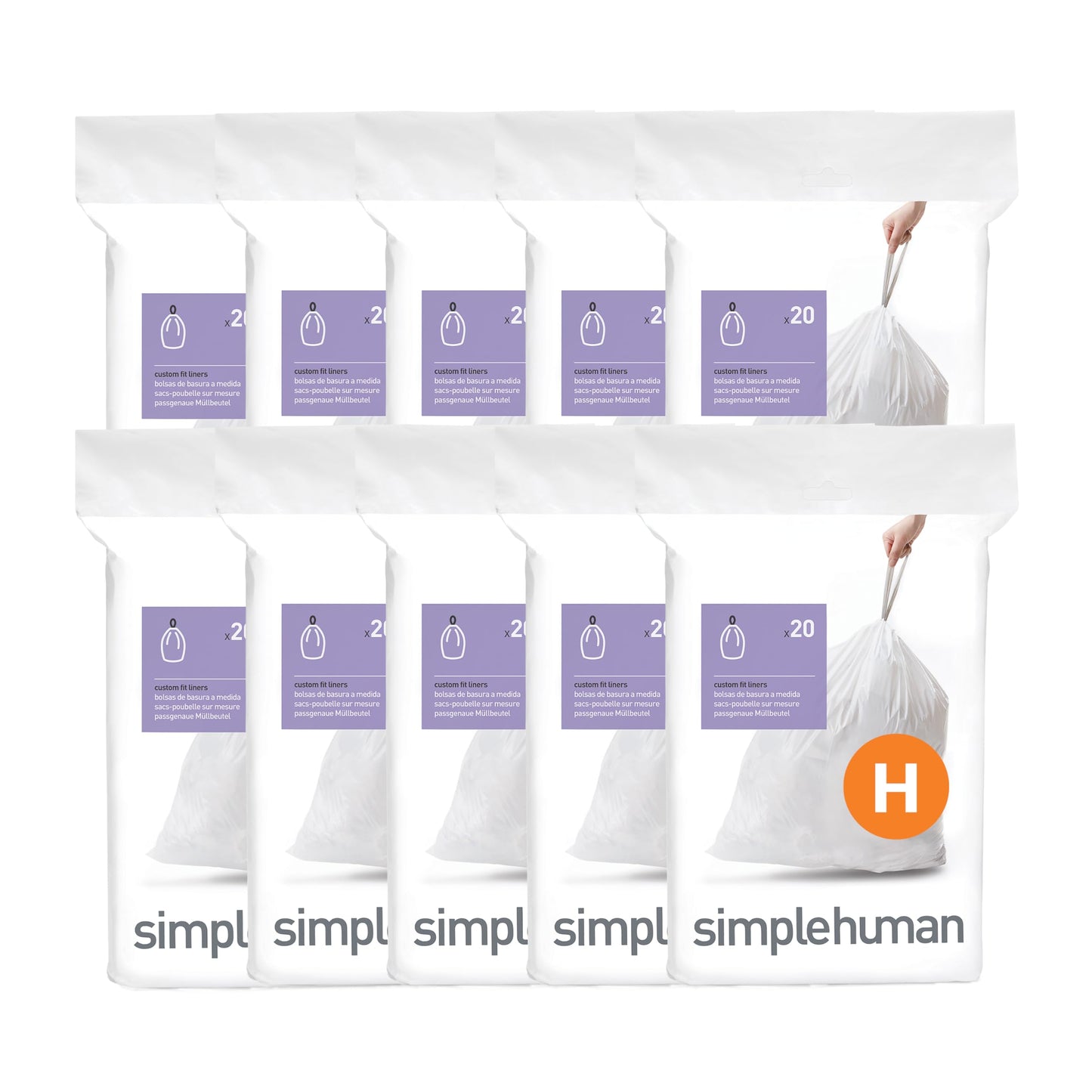 simplehuman Code H 60 Count, Genuine Custom Fit Liners, Drawstring Trash Bags in Dispenser Packs, 30-35 Liter / 8-9.2 Gallon, White