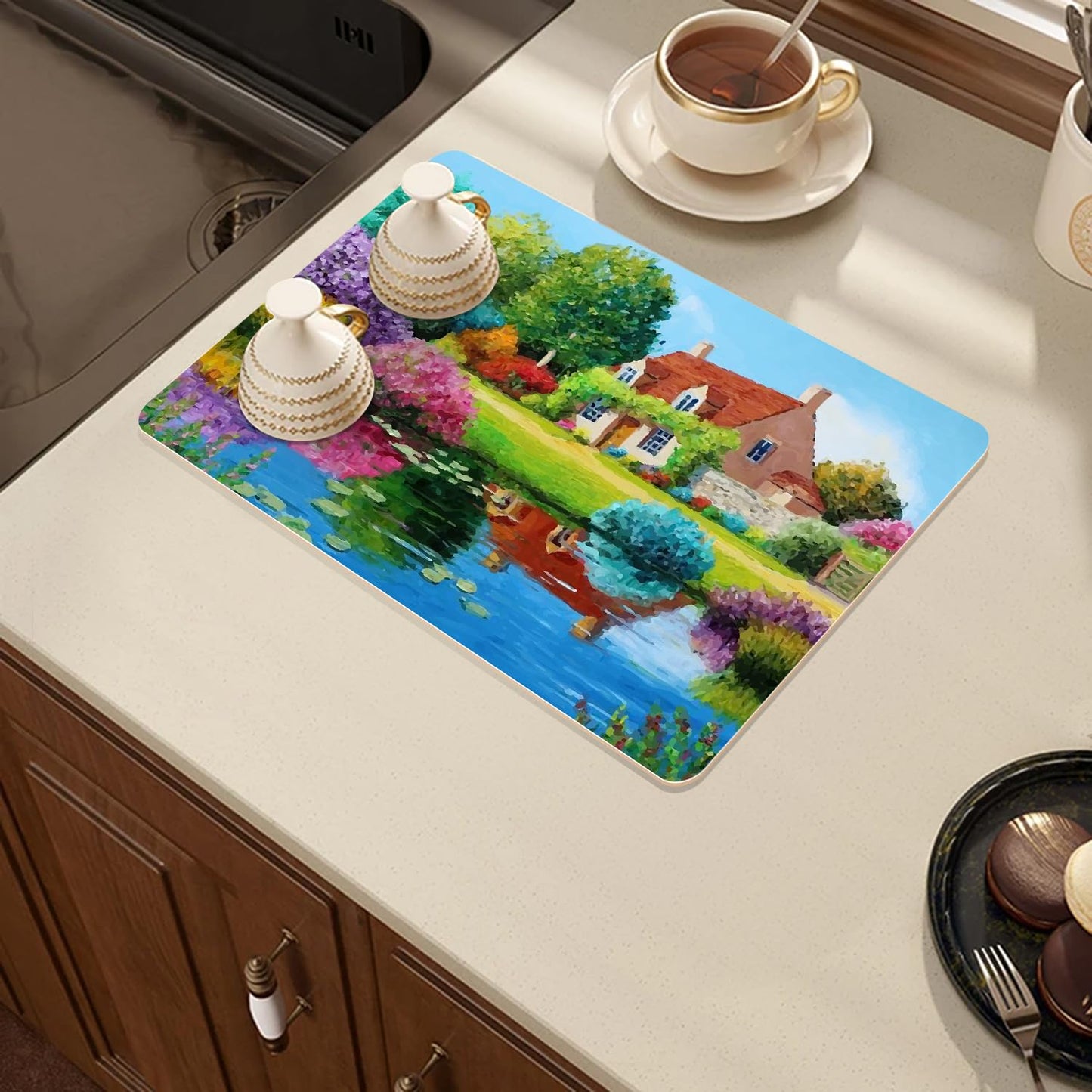 Coffee Maker Mat for Countertops, Coffee Bar Accessories Fit Under Coffee Machine Mat, 19"x12" Rubber Backed Coffee Pots, Table Mat Under Appliance, Dish Drying Mat, Marble Gray for Kitchen Counter
