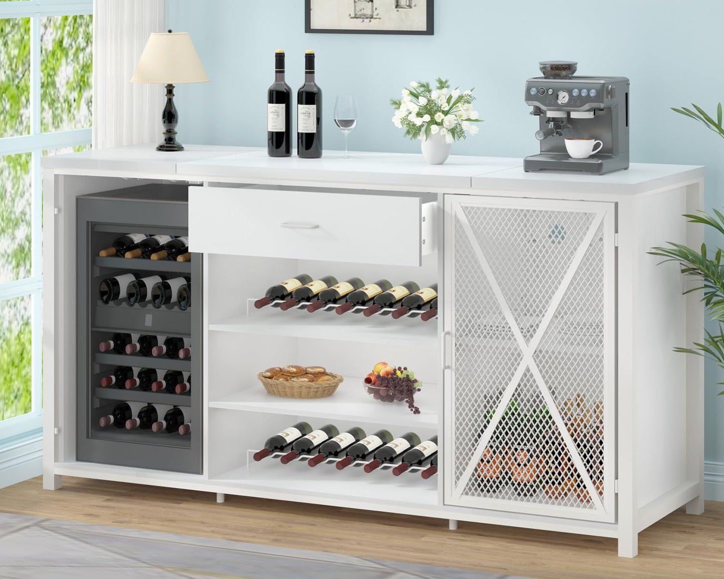 LVB Langer Barschrank mit Platz für den Kühlschrank, großer Spirituosenschrank im Landhausstil mit Schubladen, großer Weinschrank aus rustikalem Holz und Metall mit Regal, modernes Sideboard-Buffet für Küche und Esszimmer, grau, 70 Zoll