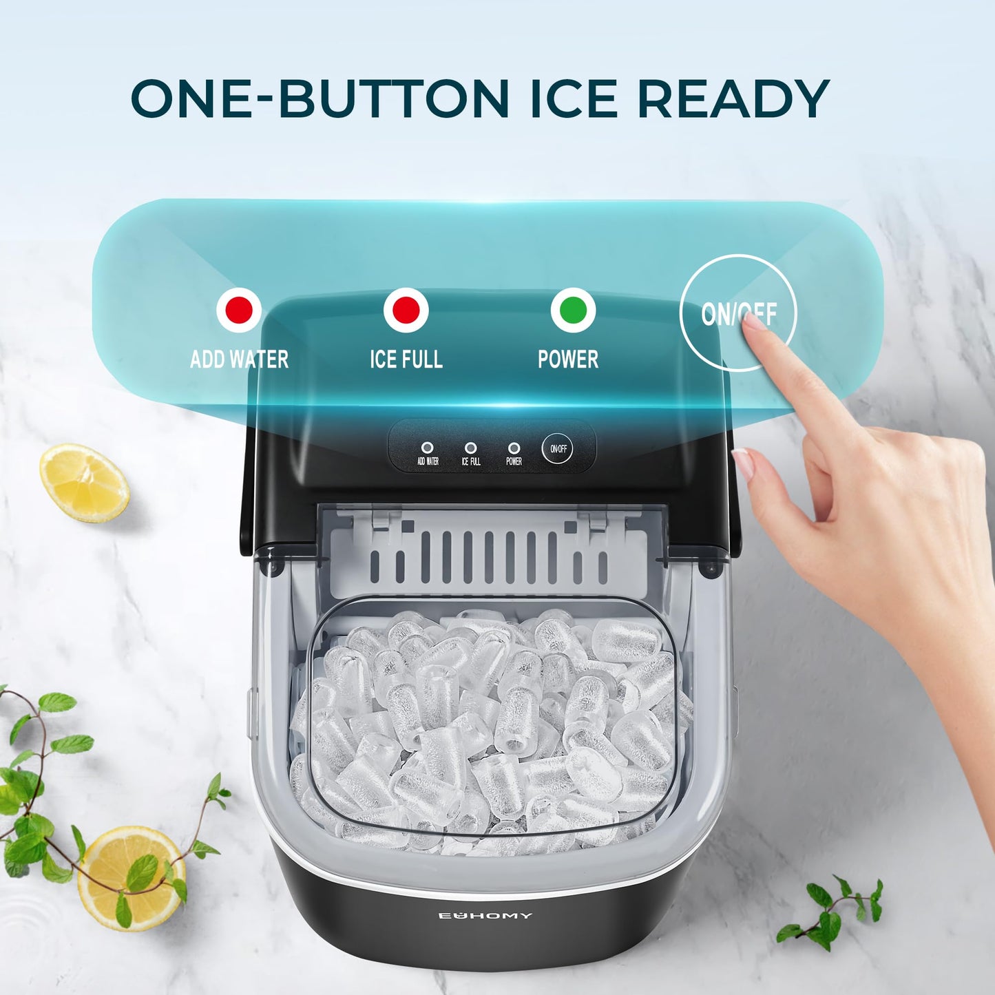 EUHOMY Countertop Ice Maker Machine with Handle, 26lbs in 24Hrs, 9 Ice Cubes Ready in 6 Mins, Auto-Cleaning Portable Ice Maker with Basket and Scoop, for Home/Kitchen/Camping/RV. (Black)