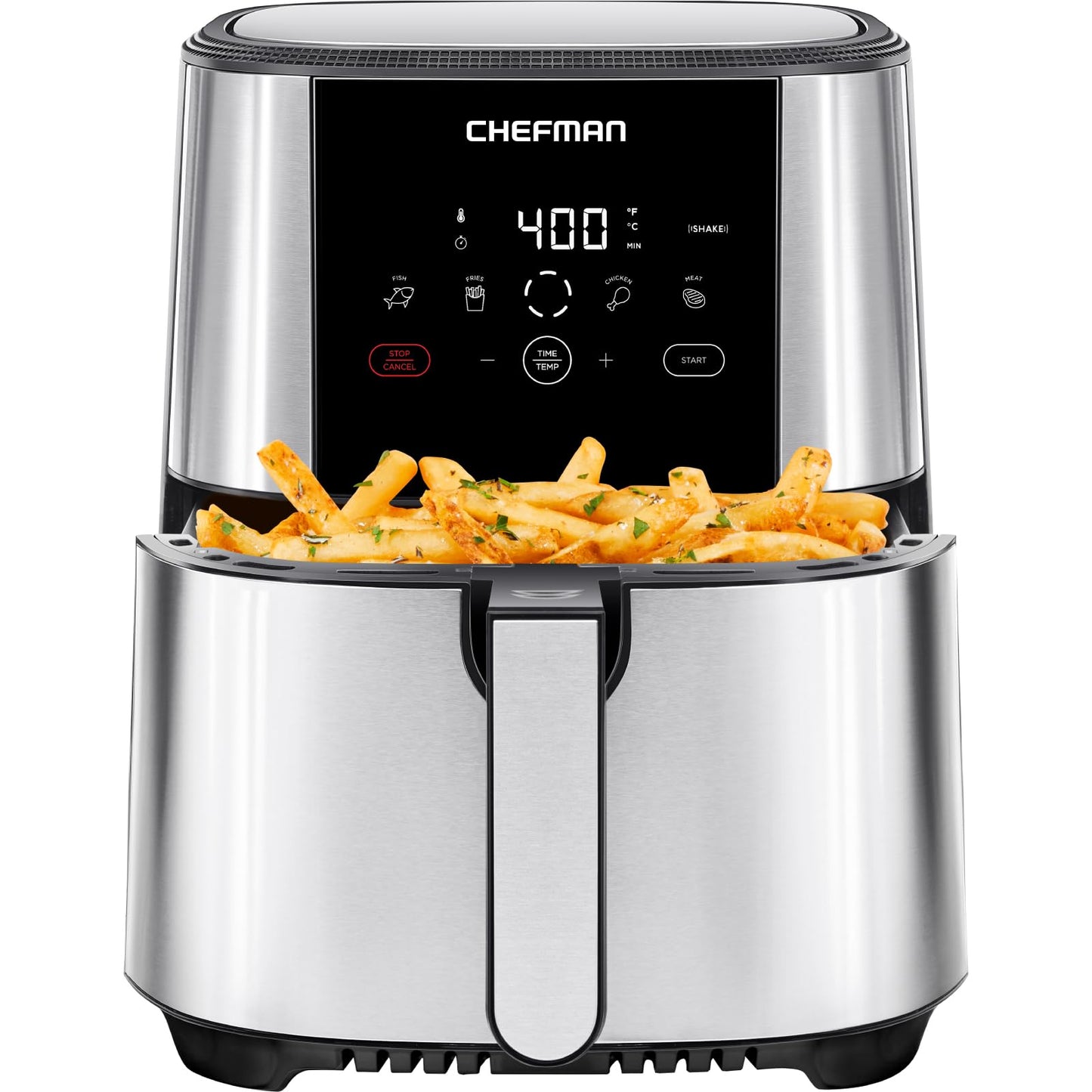 Chefman TurboFry® Touch Heißluftfritteuse, XL 8-Qt Familiengröße, digitale One-Touch-Voreinstellungen, Pommes Frites, Hähnchen, Fleisch, Fisch, antihaftbeschichtete, spülmaschinenfeste Teile, automatische Abschaltung, Edelstahl