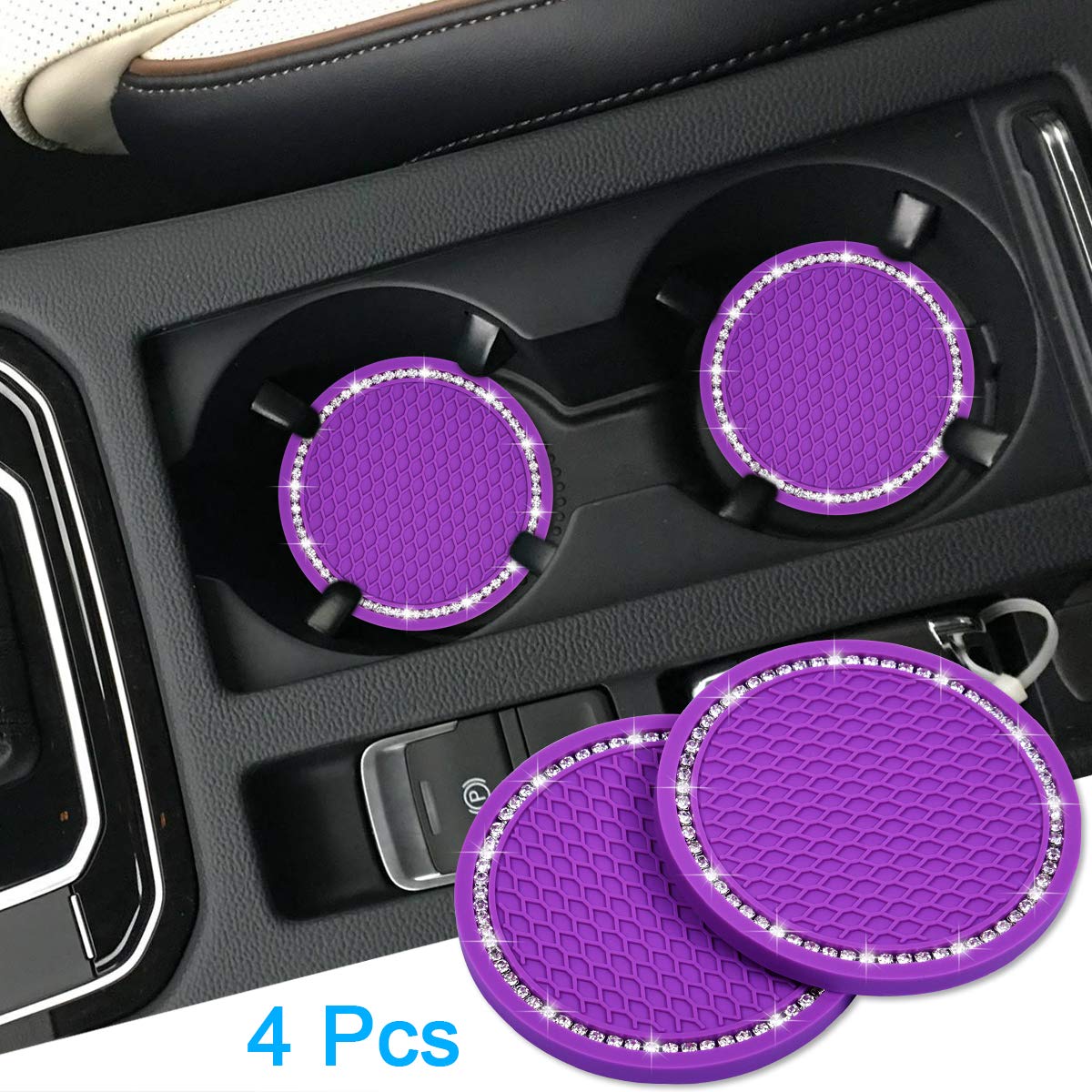 Bling Car Coasters, Wisdompro 4 Pack PVC Car Cup Holder Insert Coaster - Anti Slip Universal Vehicle Interior Accessories Crystal Glitter Cup Mats for Women and Men(2.75" Diameter, Black)