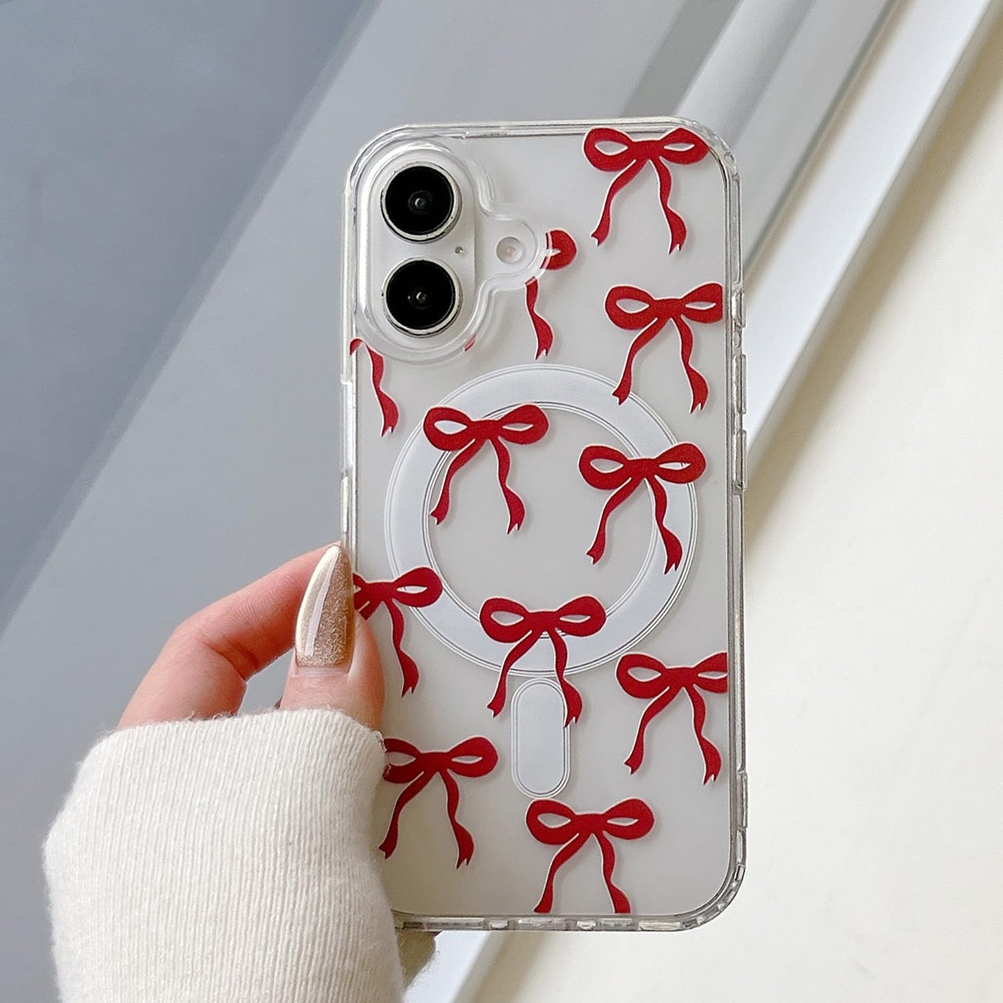 UEEBAI Magnetic for iPhone 15 Pro Case, Burgundy Bow Case Compatible with MagSafe, Wireless Slim Clear Ribbon Aesthetic Phone Case Anti-Yellowing Shockproof Protective Cover for Women Girl - Burgundy