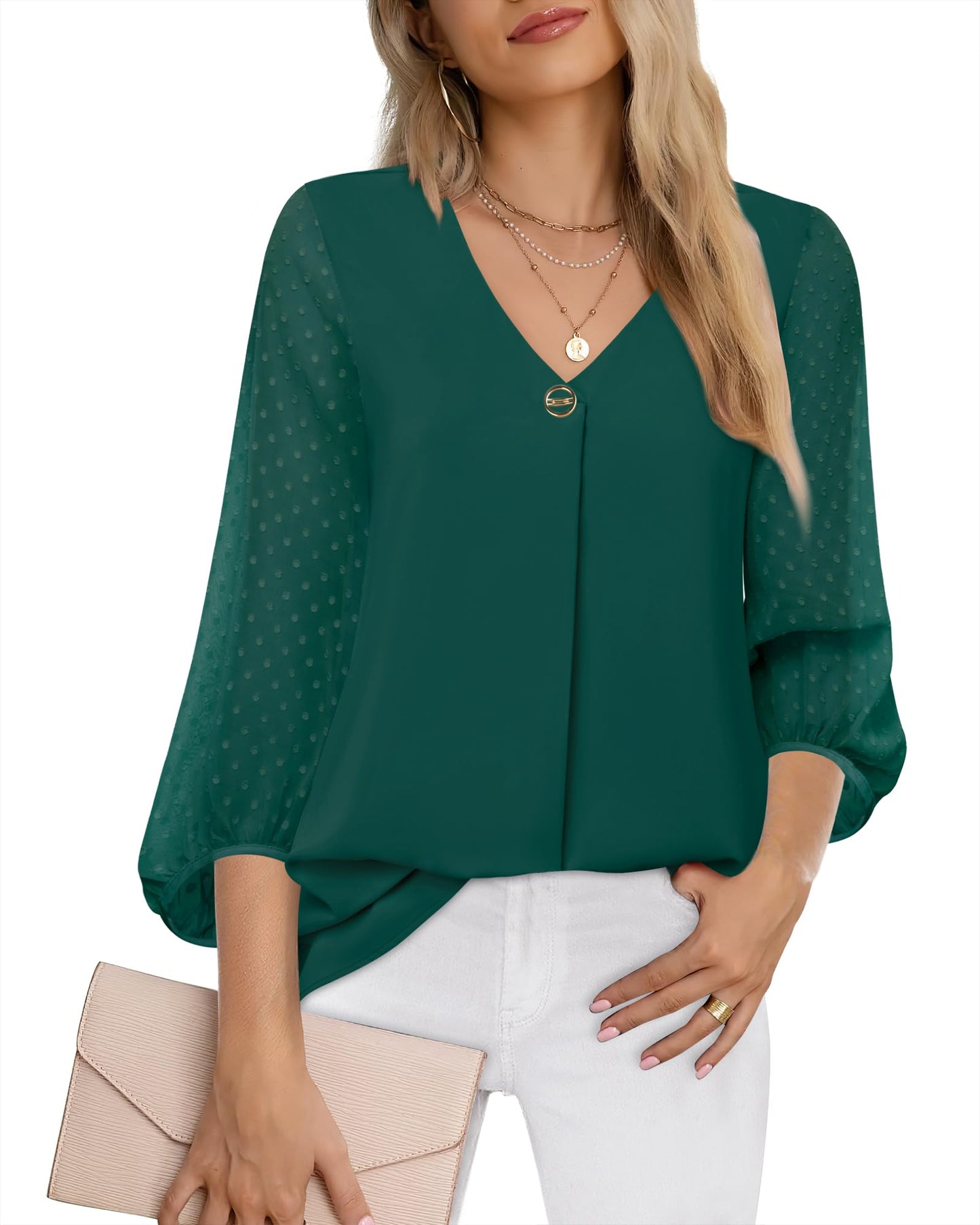 Bebonnie Damen Chiffonbluse mit Laternenmuster, 3/4-Ärmel, lässig, locker, V-Ausschnitt