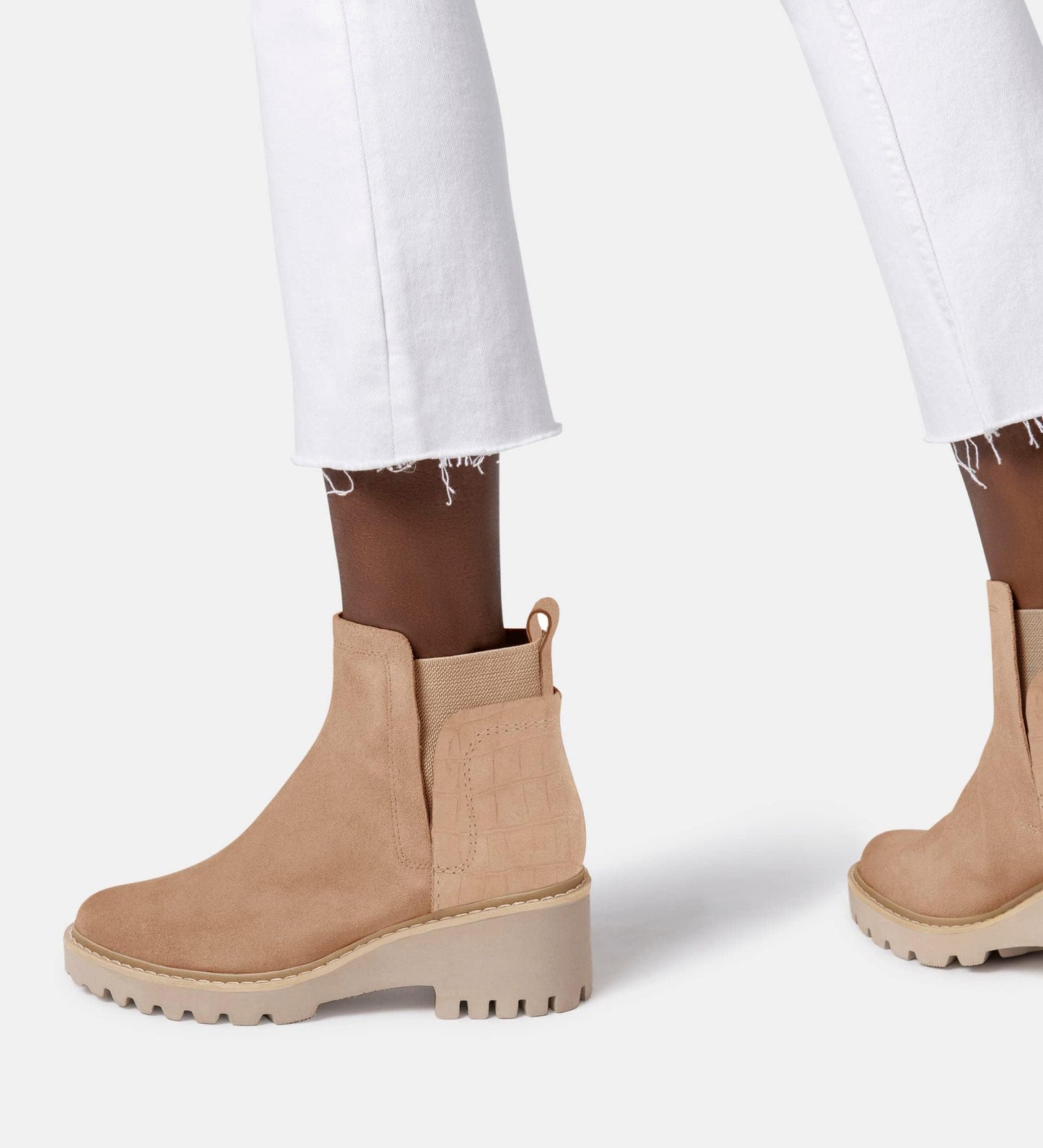 Trish Lucia Damen Chelsea-Stiefel mit Plateausohle, knöchelhoch, klobiger Blockabsatz, rutschfest, Wildleder, modische Schlupfstiefeletten