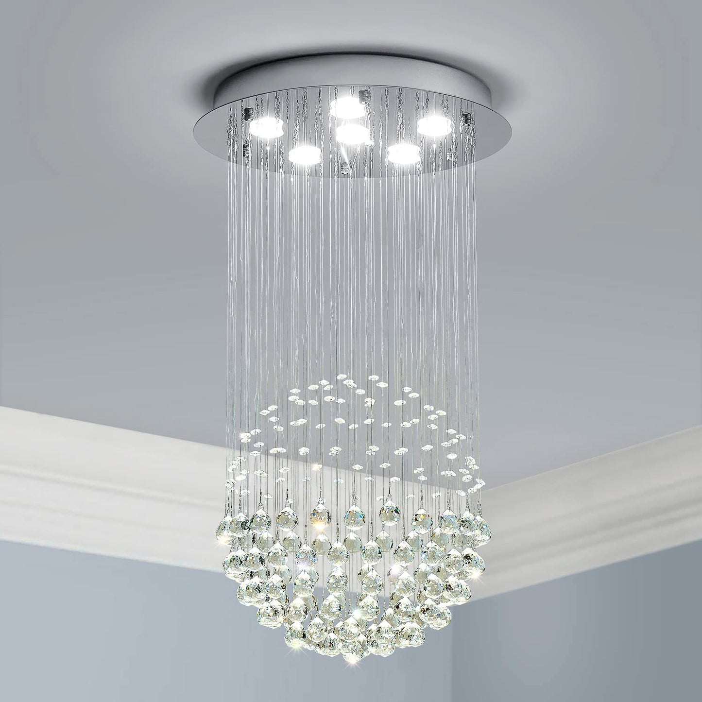 Saint Mossi Kronleuchter, modern, K9-Kristall, Regentropfen-Kronleuchter, flächenbündige LED-Deckenleuchte, Pendelleuchte für Esszimmer, Badezimmer, Schlafzimmer, Wohnzimmer, 6 GU10-LED-Birnen erforderlich, H32 x D18
