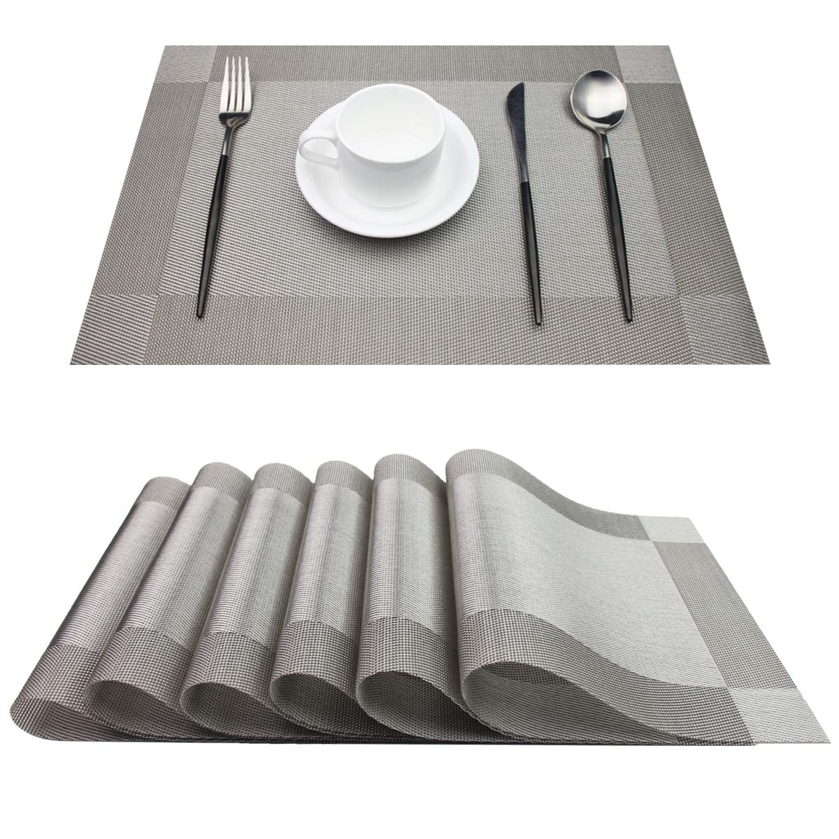 PIGCHCY Keilförmige Tischsets für den Esstisch, kreuzgewebt, waschbares Vinyl-Tischset, hitzebeständig, runde Tischsets, 4er-Set (Silbergrau)