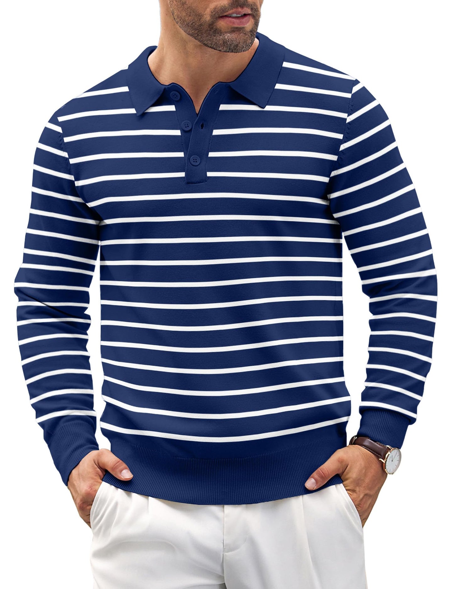 COOFANDY Mens Knit Polo Shirts Casual Long Sleeve Classic Polo Shirts Button Down Golf Shirts