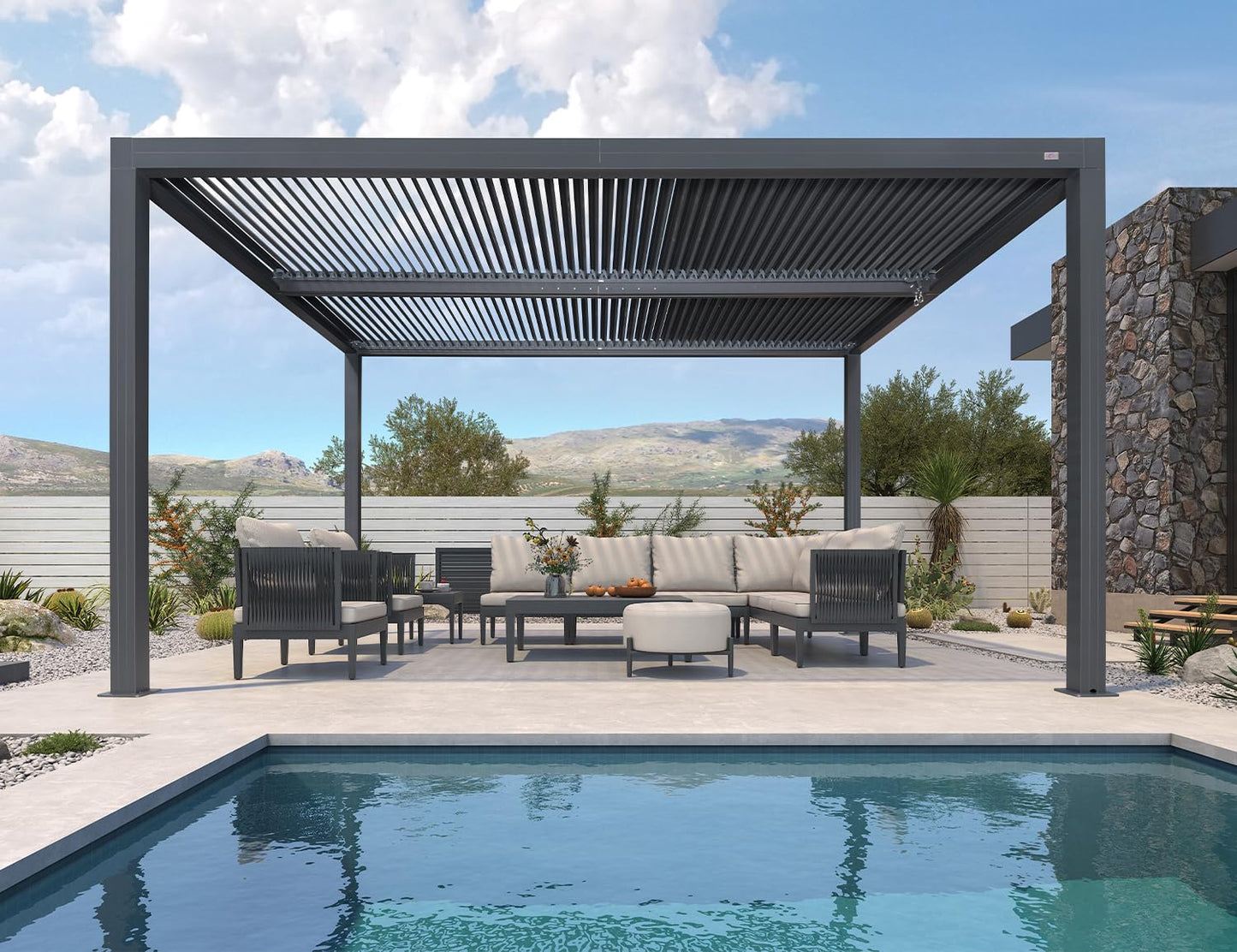 PURPLE LEAF Lamellenpergola 94AS, 3,3 x 4,3 m, Aluminium-Pergola für den Außenbereich mit Sonnenschutz, verstellbarem Dach für Terrasse, Hinterhof, grauer Pavillon mit festem Dach, 1 lange Seite und 2 kurze Seiten