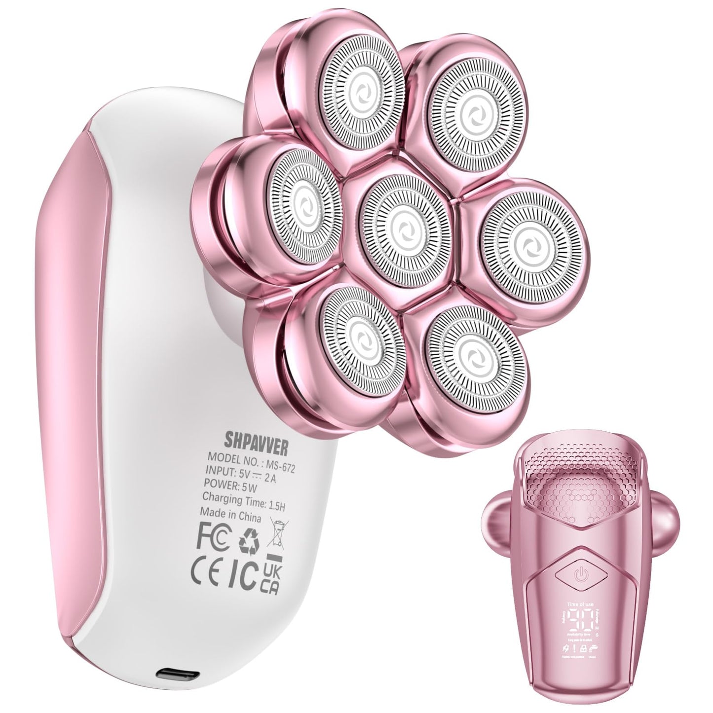 Detachable Head Shavers, SHPAVVER 5 in 1 Electric Razor IPX7 Waterproof for Bald Men, Wet Dry LED Display Rechargeable 7D Rotary Shaver Grooming Kit with Type C Charge A