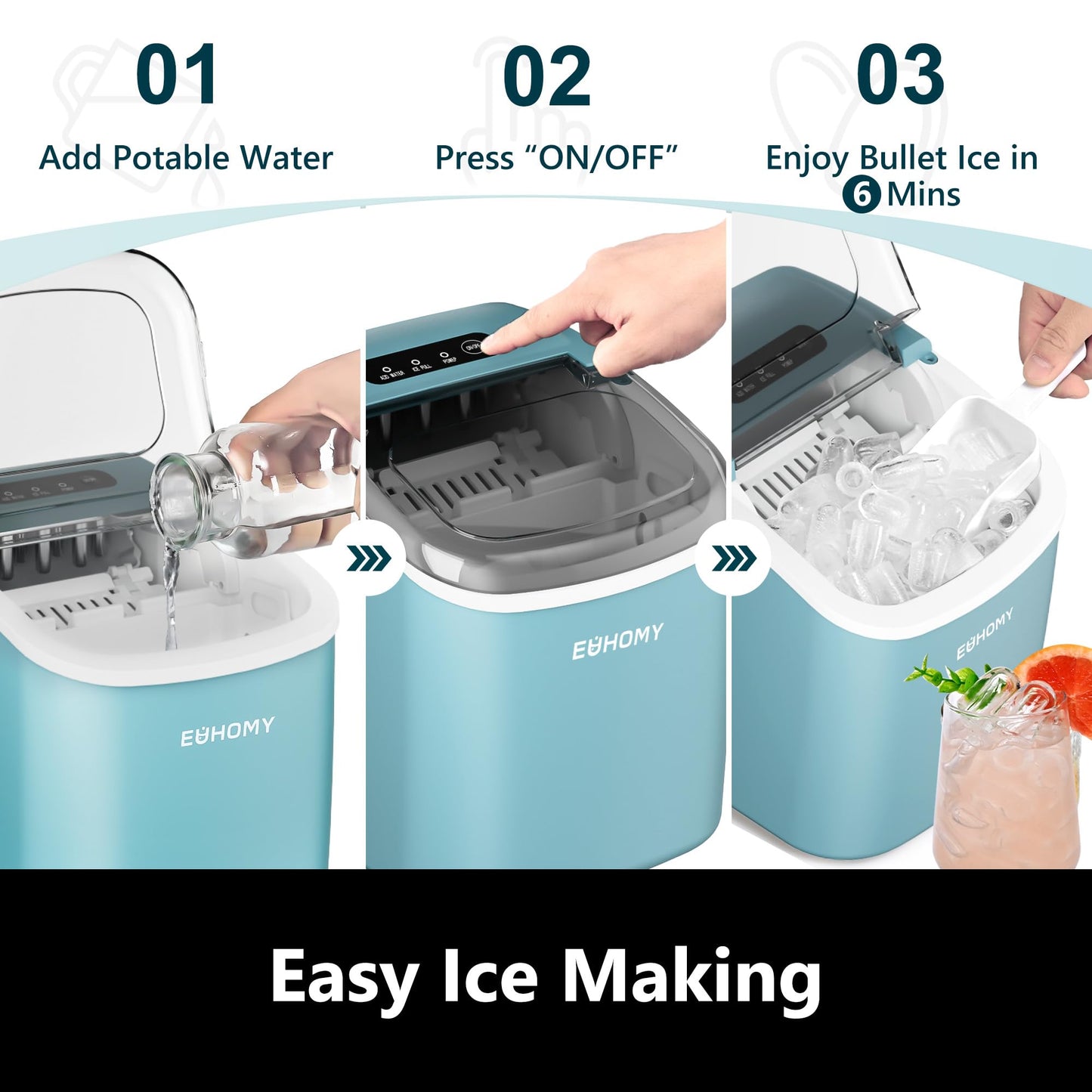 EUHOMY Countertop Ice Maker Machine with Handle, 26lbs in 24Hrs, 9 Ice Cubes Ready in 6 Mins, Auto-Cleaning Portable Ice Maker with Basket and Scoop, for Home/Kitchen/Camping/RV. (Black)