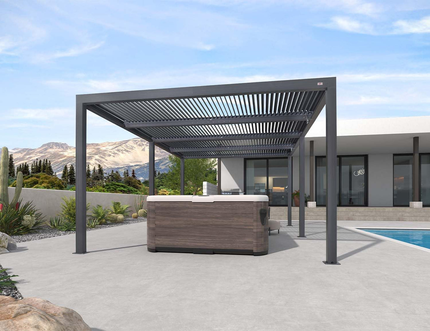 PURPLE LEAF Lamellenpergola 94AS, 3,3 x 4,3 m, Aluminium-Pergola für den Außenbereich mit Sonnenschutz, verstellbarem Dach für Terrasse, Hinterhof, grauer Pavillon mit festem Dach, 1 lange Seite und 2 kurze Seiten