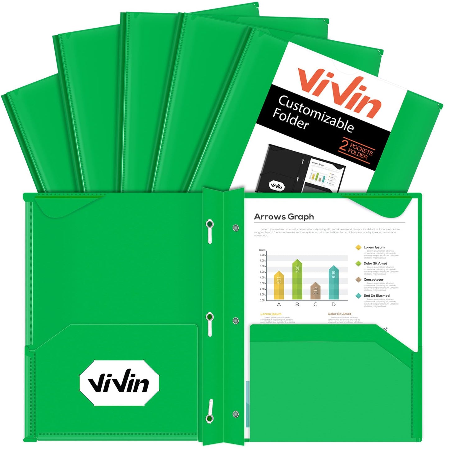 Chemises en plastique épais ViVin avec pochettes et broches, deux poches, poche avant transparente et onglets de maintien, lot de 6, pour papier au format lettre US, pour l'école et le bureau - Blanc