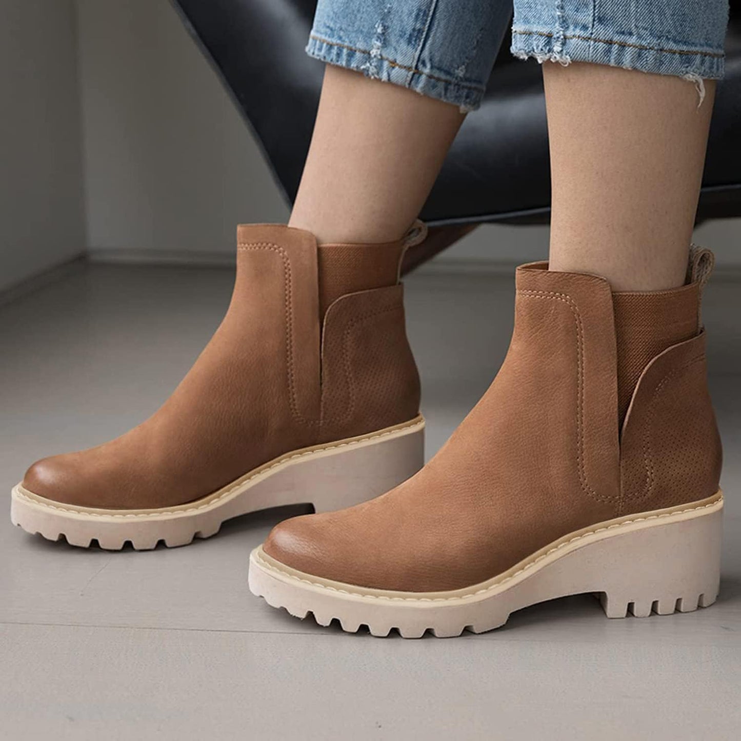 Trish Lucia Damen Chelsea-Stiefel mit Plateausohle, knöchelhoch, klobiger Blockabsatz, rutschfest, Wildleder, modische Schlupfstiefeletten