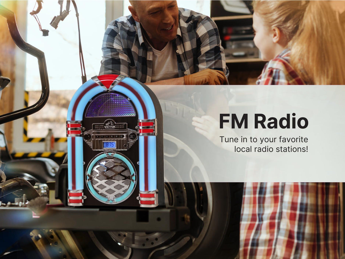 VICTOR Wilshire Desktop Bluetooth Jukebox mit FM-Radio, integriertem Stereolautsprecher und mehrfarbiger LED-Beleuchtung, Schwarz (VDTJ-1450-BK)