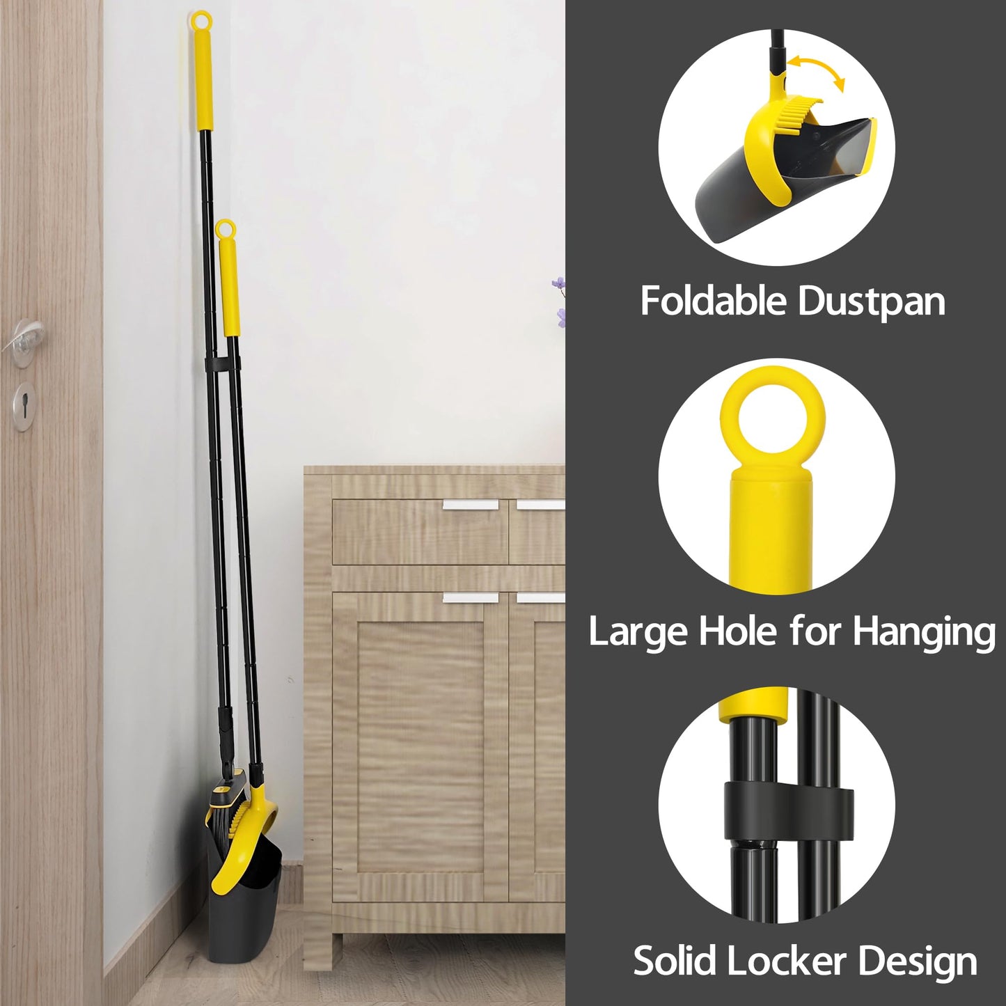 JEHONN Broom and Dust Pan, 54.3 inches Long Handle Swivel Brush, Upright Foldable Dustpan with Comb Teeth for Home Kitchen Lobby Indoor Floor Cleaning (Black & Gray)