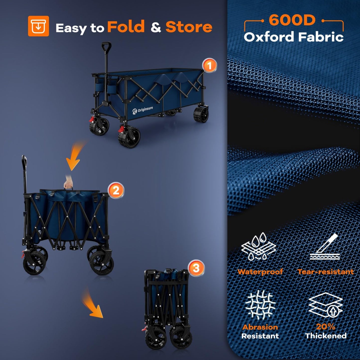 48" L Collapsible Wagon Cart Foldable, 560LB Weight Capacity 300L Heavy Duty Folding Beach Wagons with Big All-Terrain Wheels, Utility Carts for Groceries, Shopping, Camping, Sports - Black