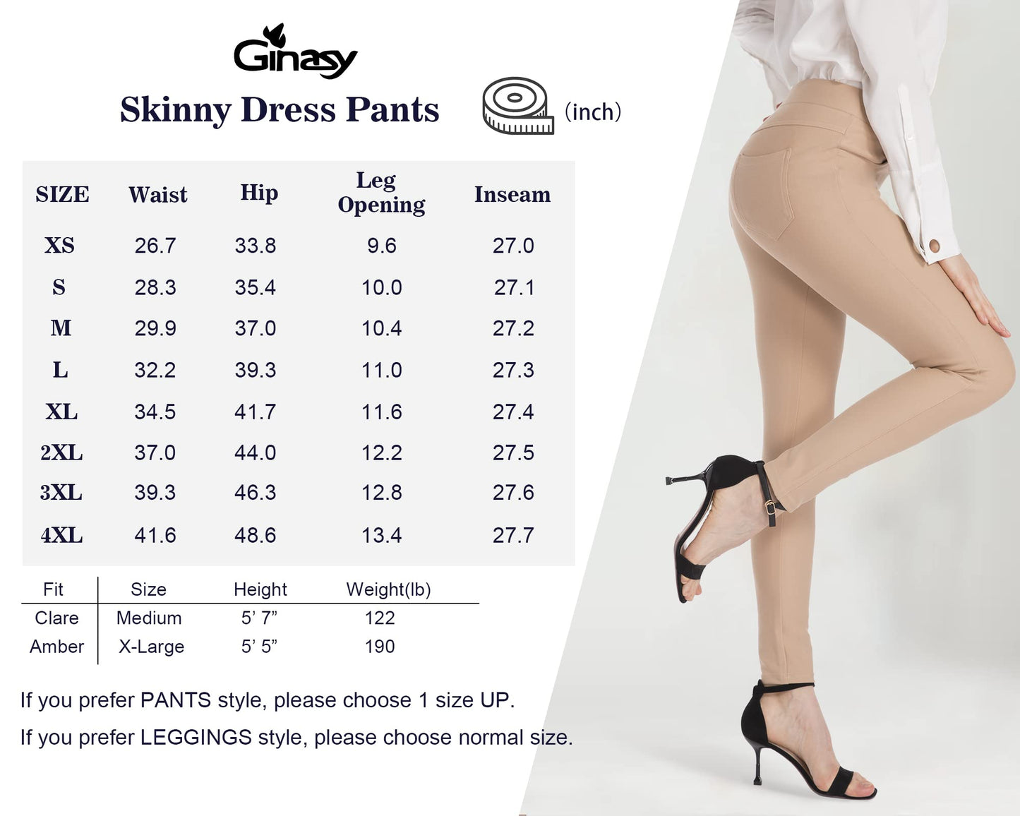 Pantalon habillé Ginasy pour femme, pantalon d'affaires décontracté, extensible, à enfiler, pour le travail, le bureau, leggings habillés, pantalon skinny avec poches